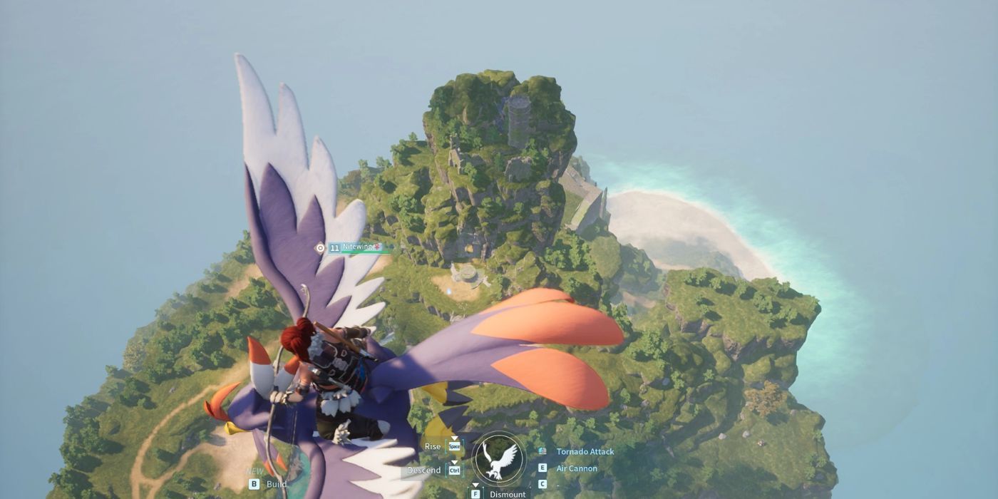 A player riding a flying Pal soars incredibly high in altitude above a lush, green island.