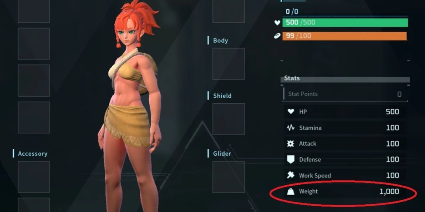 A character stats screen in Palworld showing an abnormally high carry weight.