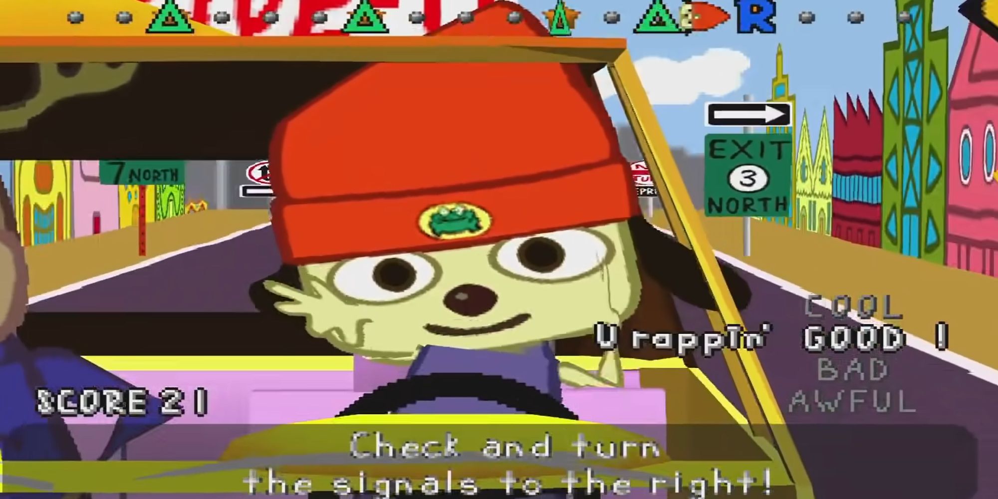 PaRappa takes his driving test while also participating in a rap battle.