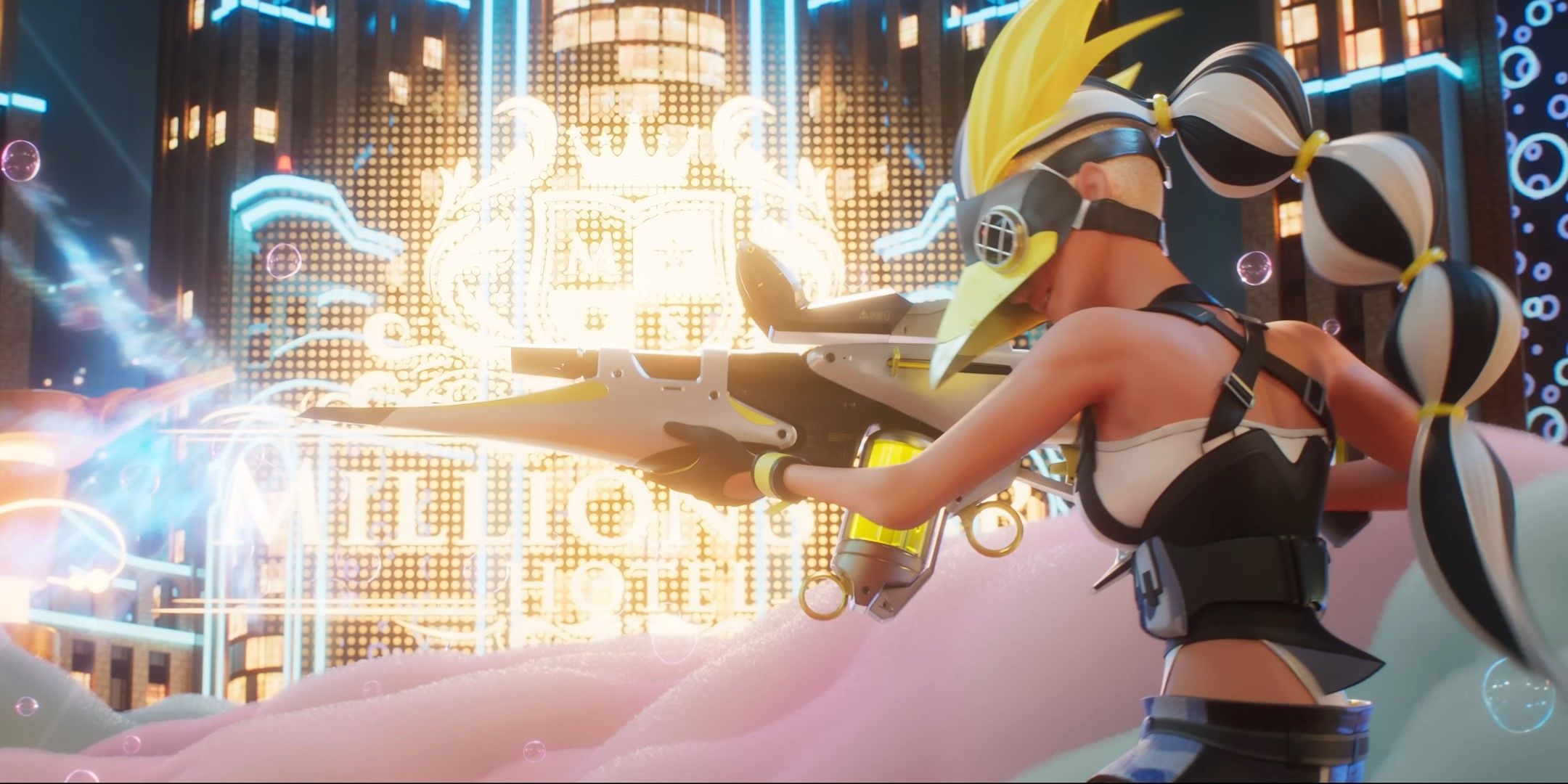 Penny Gwyn using her assault rifle in Foamstars while surrounded by foam