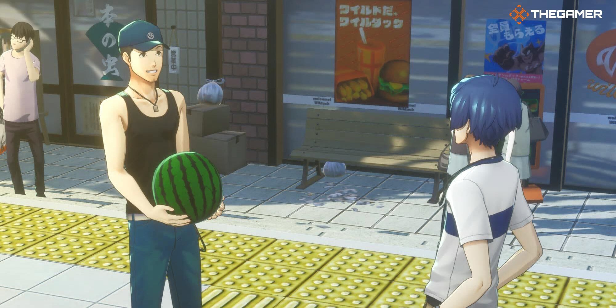 Persona 3 Reload Junpei holding a watermelon