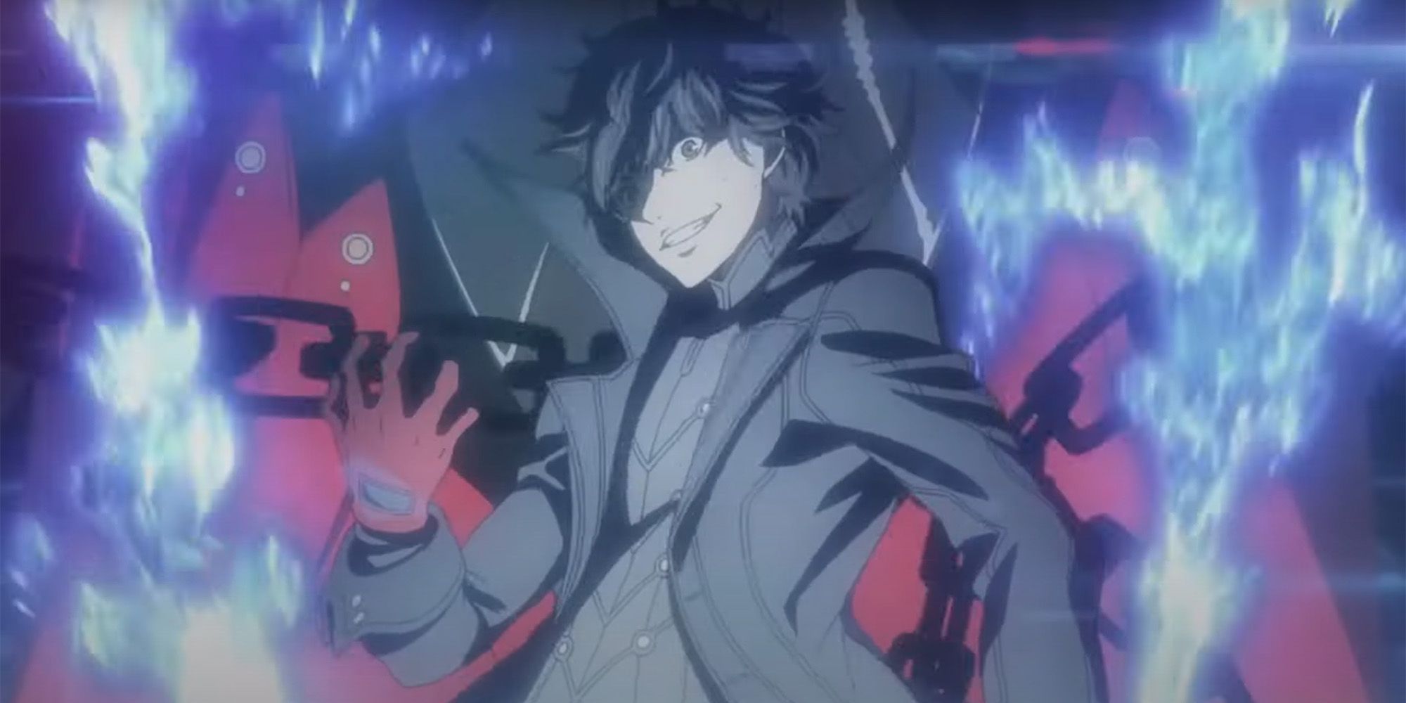 Joker awakening as a persona user in Persona 5 Royal with blue flames behind him.