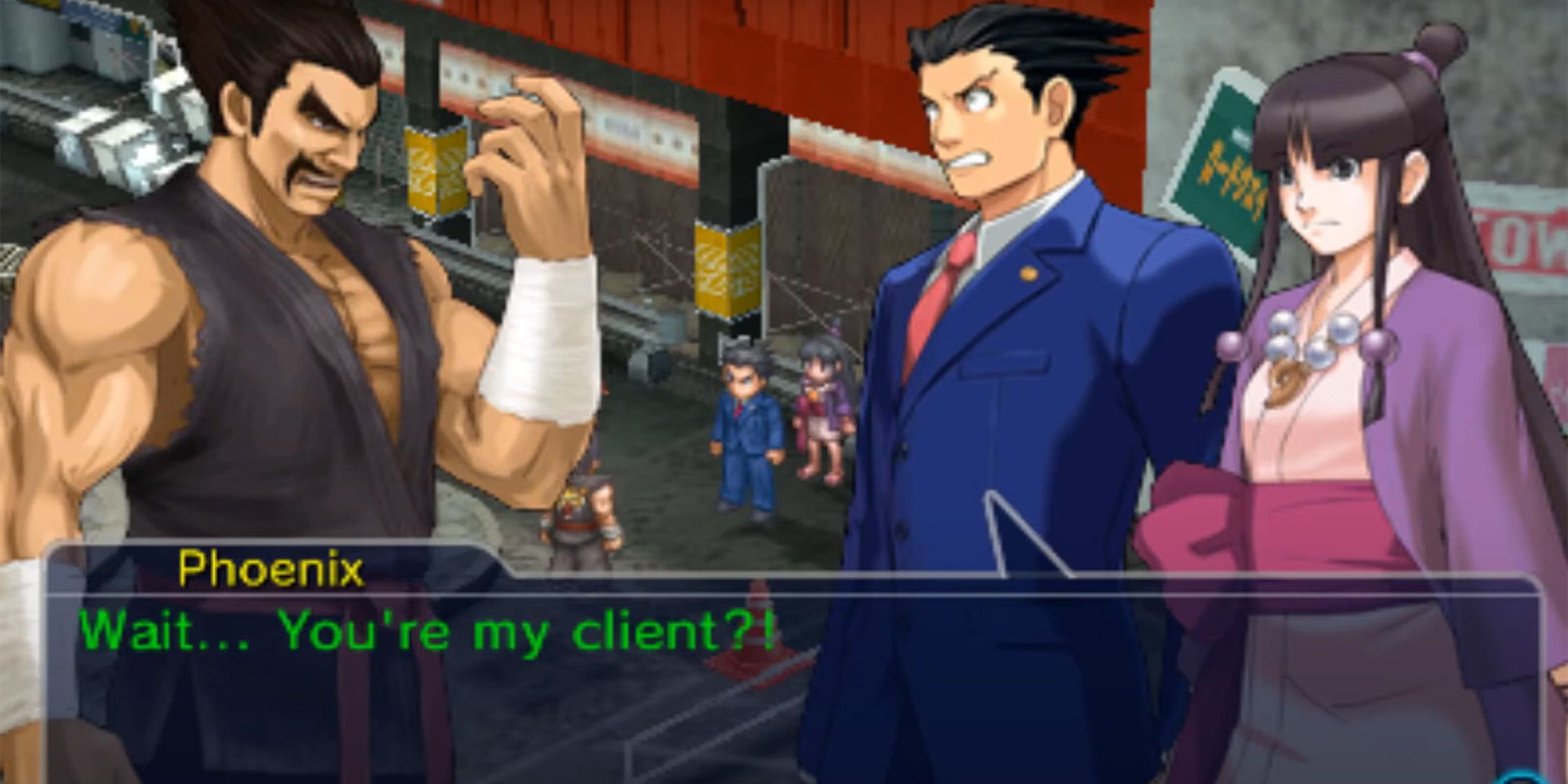 Phoenix Wright and Maya Fey meeting Heihachi in Project X Zone 2