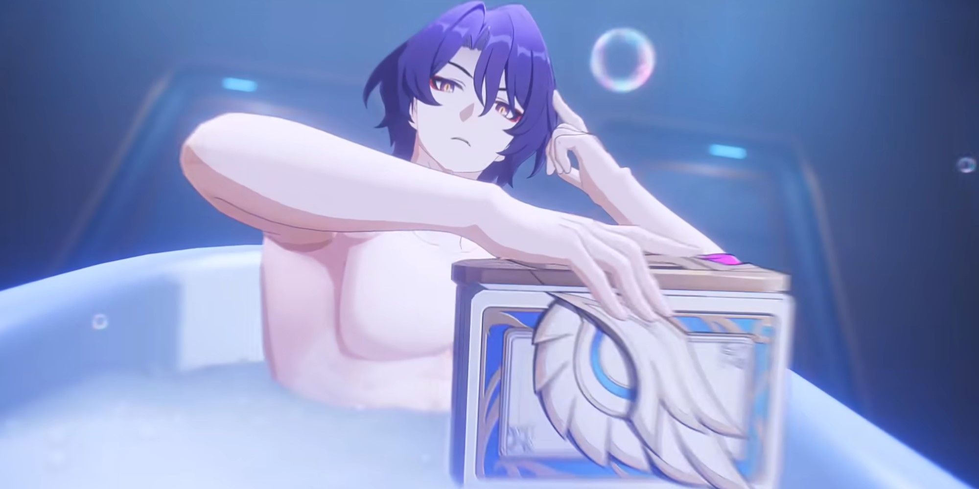 Honkai Star Rail's Dr. Ratio sits in a bathtub, reading a book.