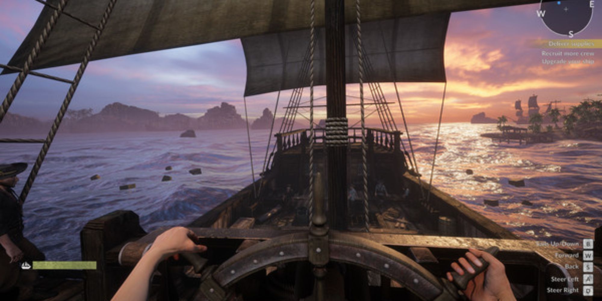 pirate sim character steering small ship on sea