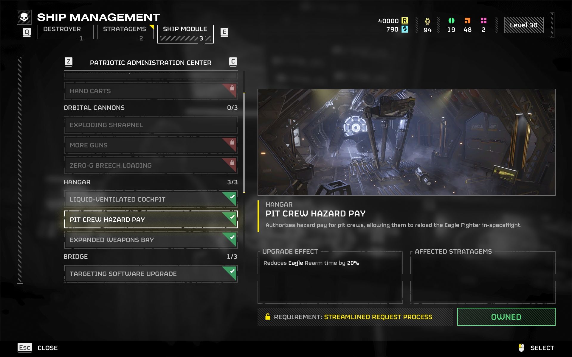 Pit Crew Hazard Pay ship module upgrade screen in Helldivers 2