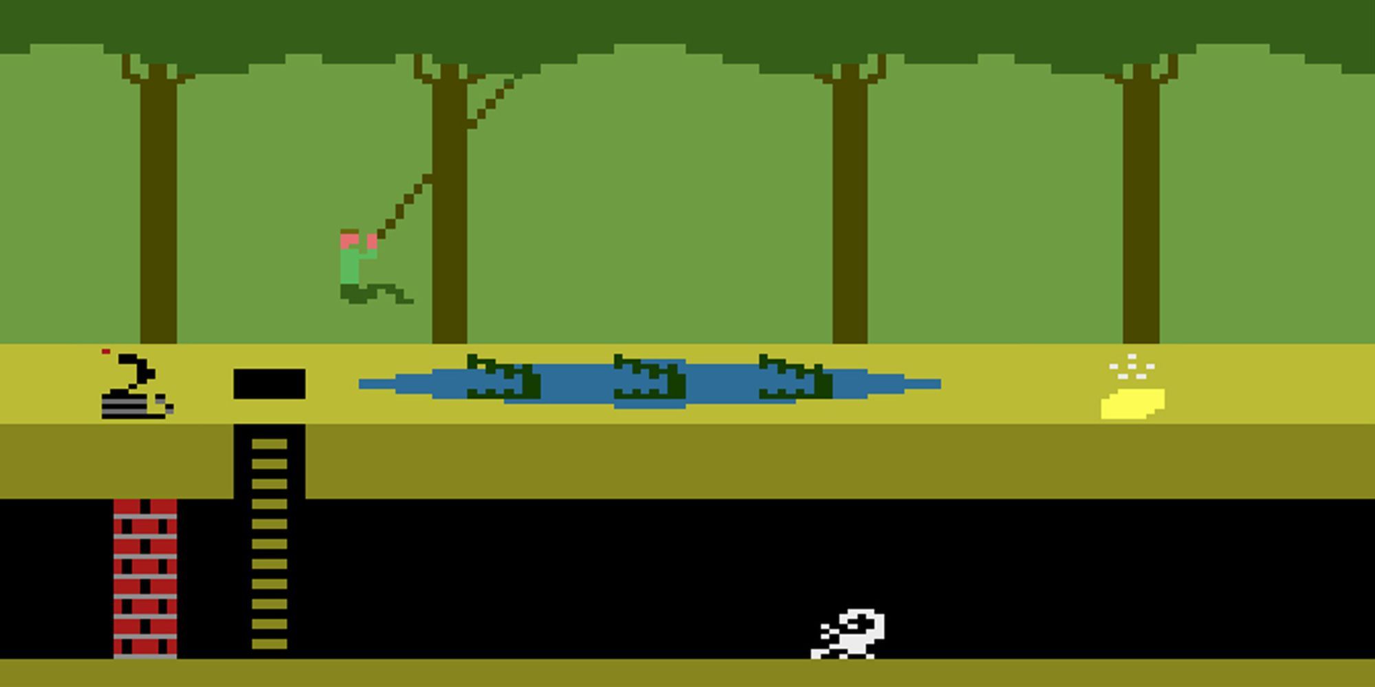 Pitfall Harry swings over a group of crocodiles