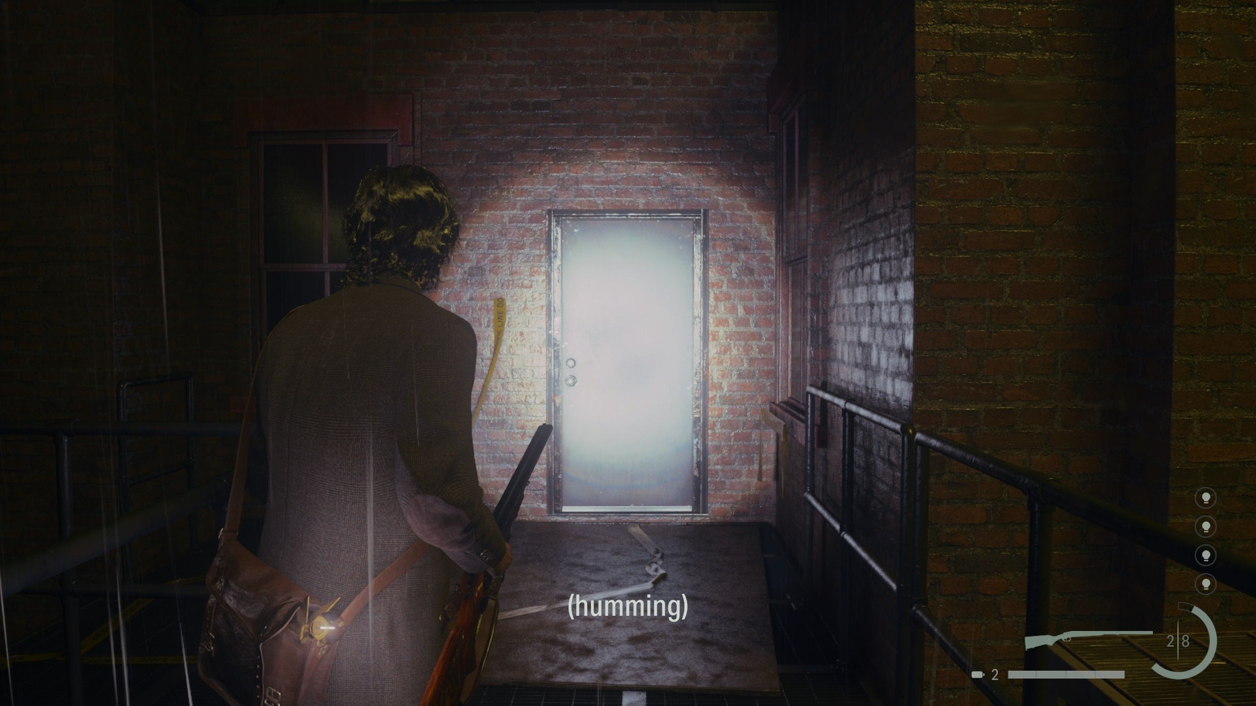 Alan shines a light on a blue door. It's locked.