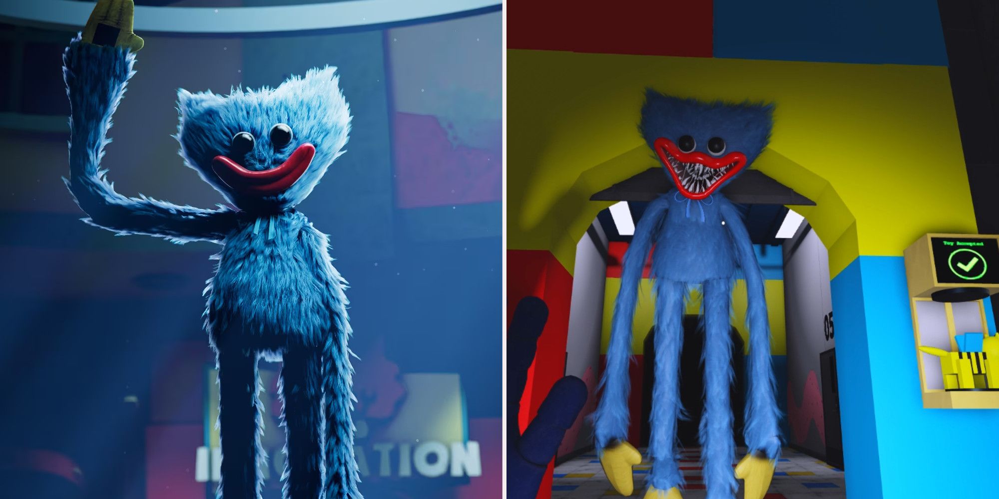 Poppy waving under light and monster version attacking in roblox