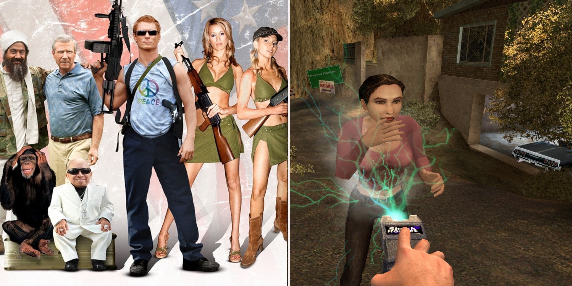 Postal Poster with main cast and Postal dude using taser on a woman