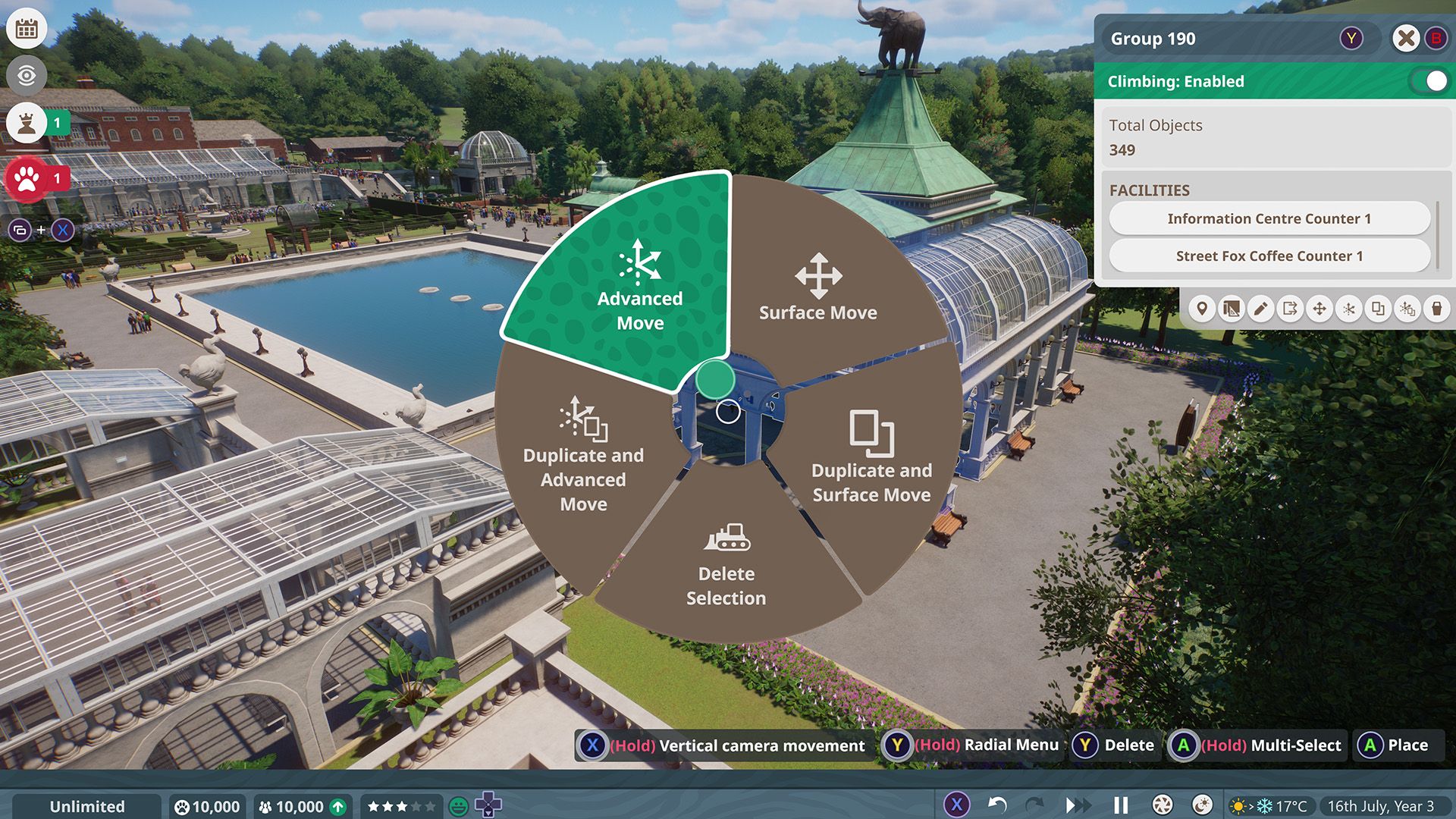 The UI in Planet Zoo, showing a player building their park