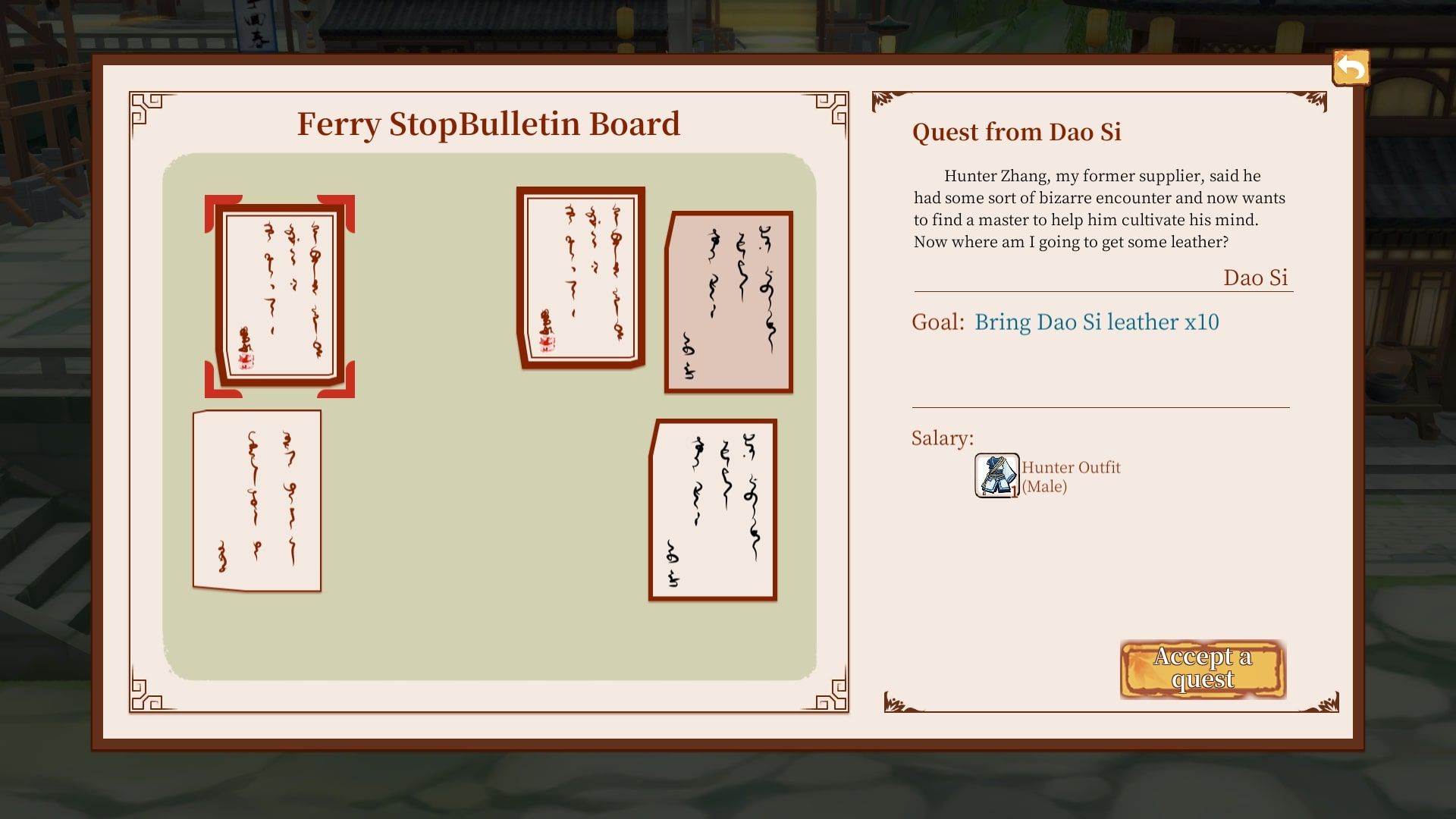 the city quest board with five missions