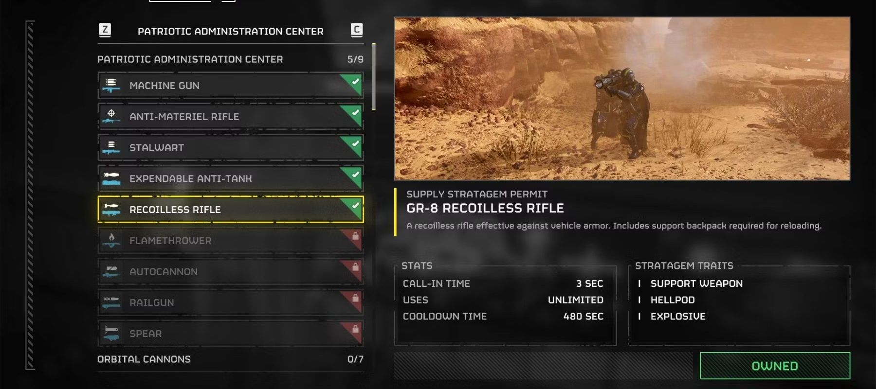 recoilless rifle unlock screen in Helldivers 2