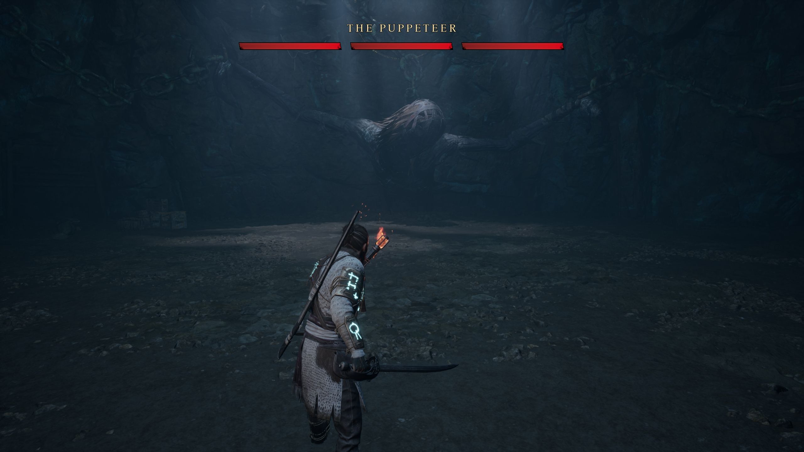 Red about to start the fight against the Puppeteer - Banishers Ghosts of New Eden