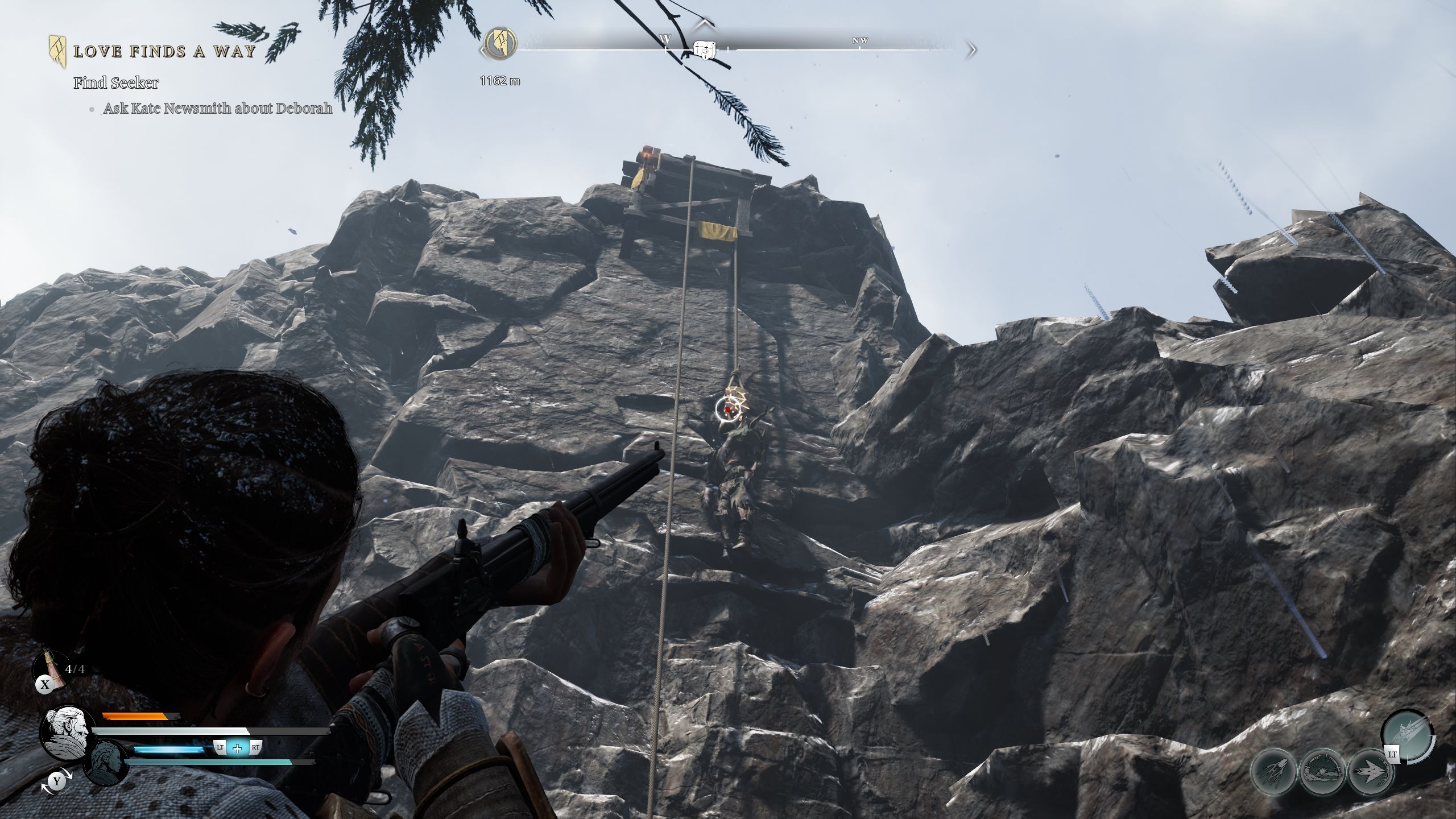 Red aiming at the glowing spot in a hanging corpse to drop it - Banishers Ghosts of New Eden