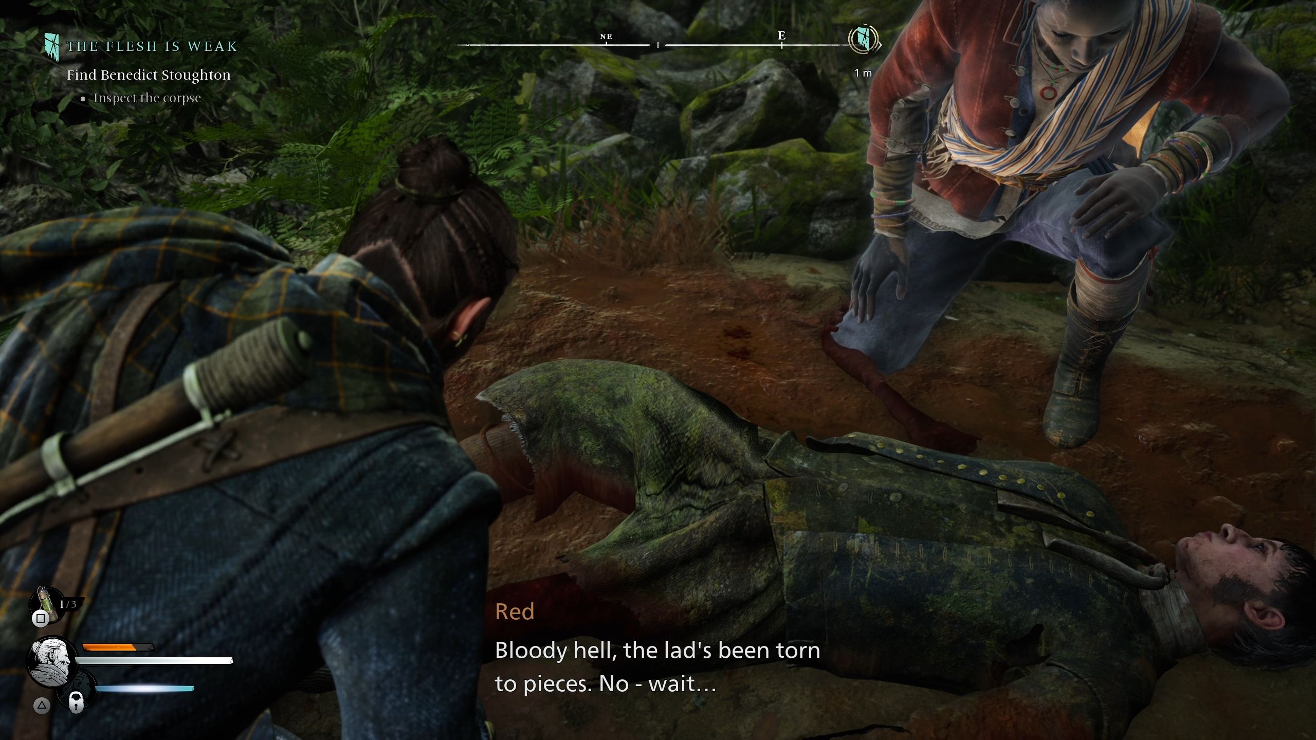 Red and Antea inspecting Ben corpse - Banishers Ghosts of New Eden