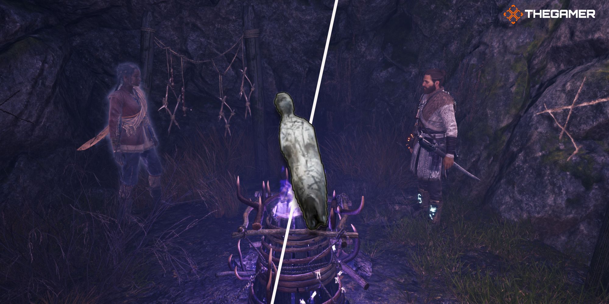 Red and Antea standing near a cursed chest and in the middle the farmer item - Banishers Ghosts of New Eden