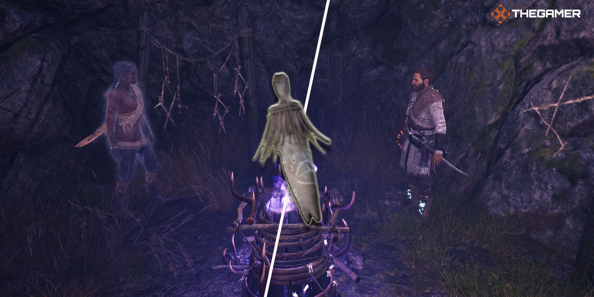 Red and Antea standing near a cursed chest and in the middle the Navigator item - Banishers Ghosts of New Eden