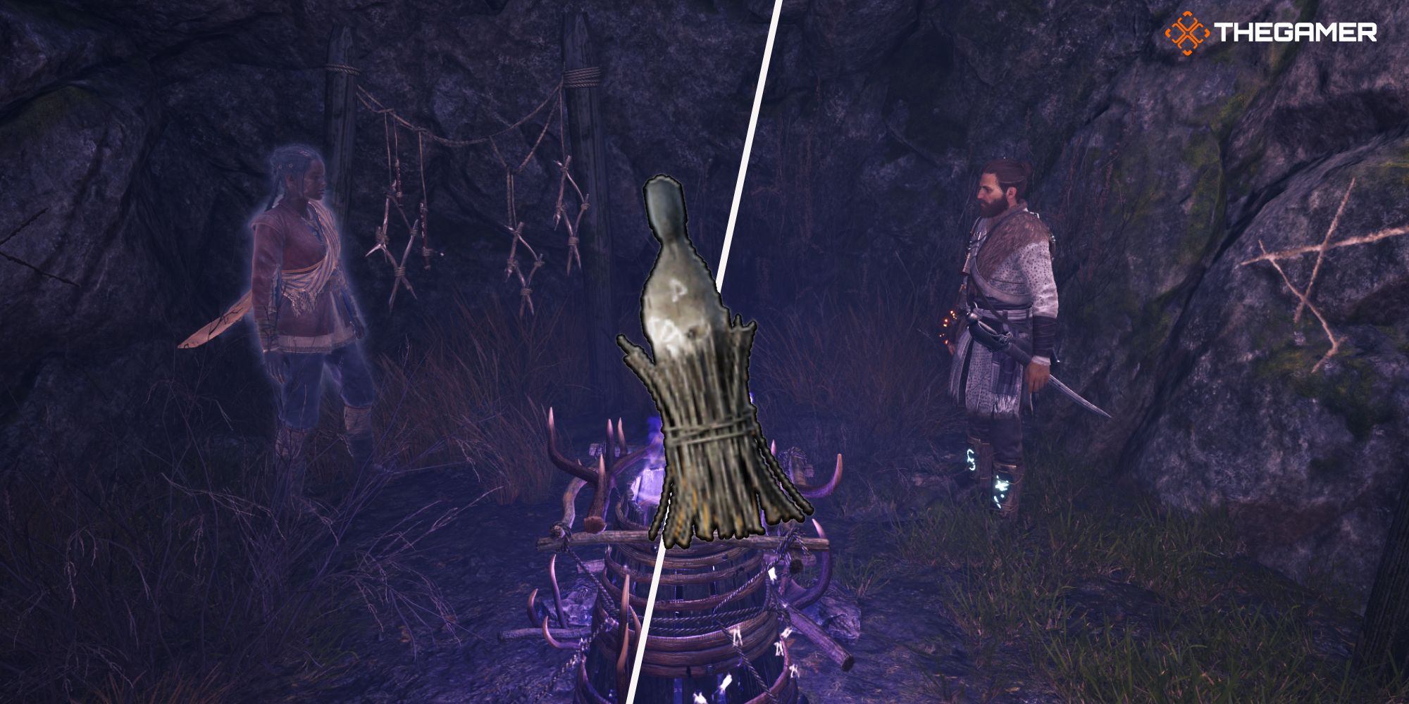 Red and Antea standing near a Cursed Chest and in the middle the Shepherd item icon - Banishers Ghosts of New Eden
