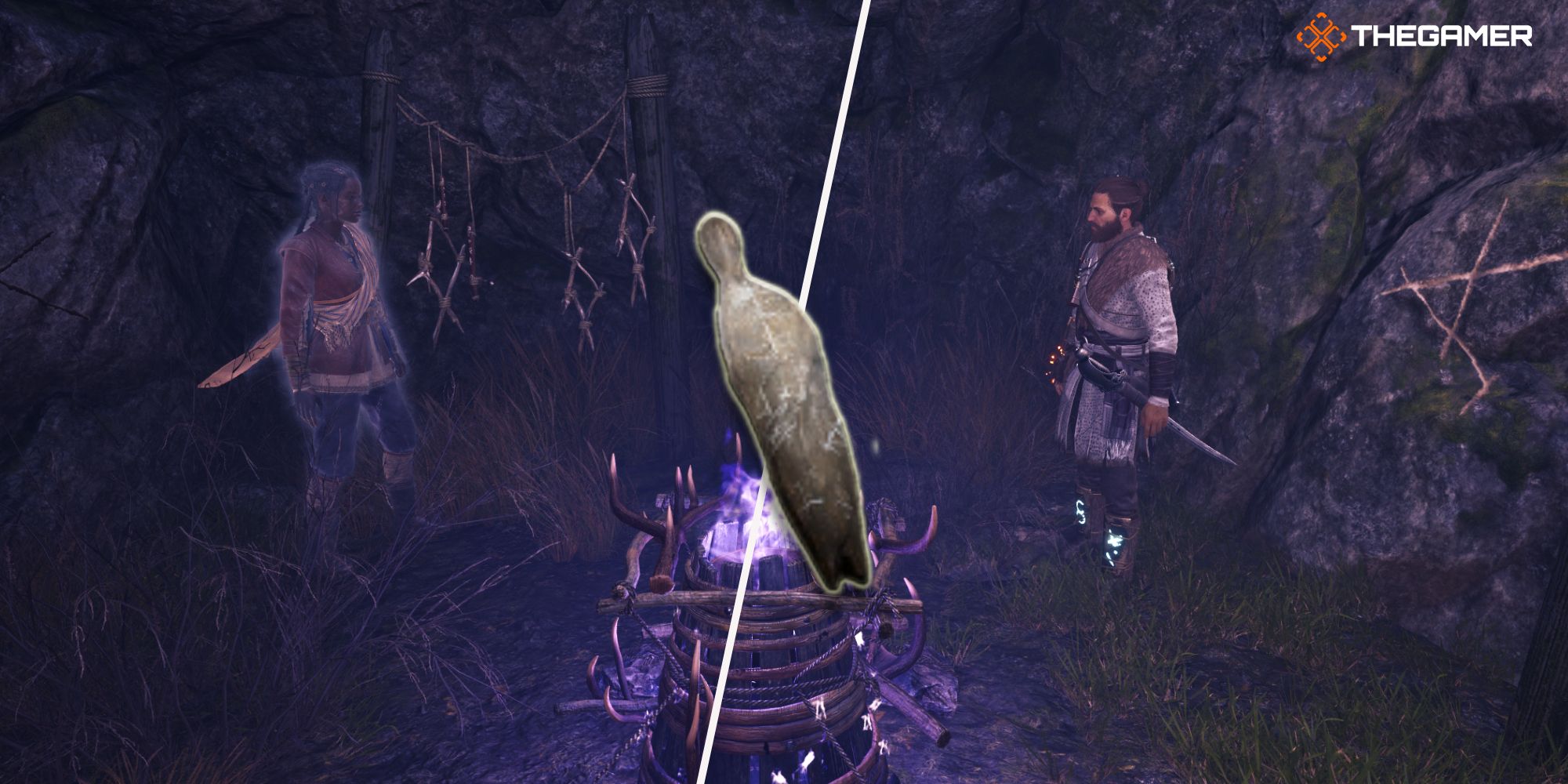 Red and Antea standing near a cursed chest and in the middle the Sower item - Banishers Ghosts of New Eden