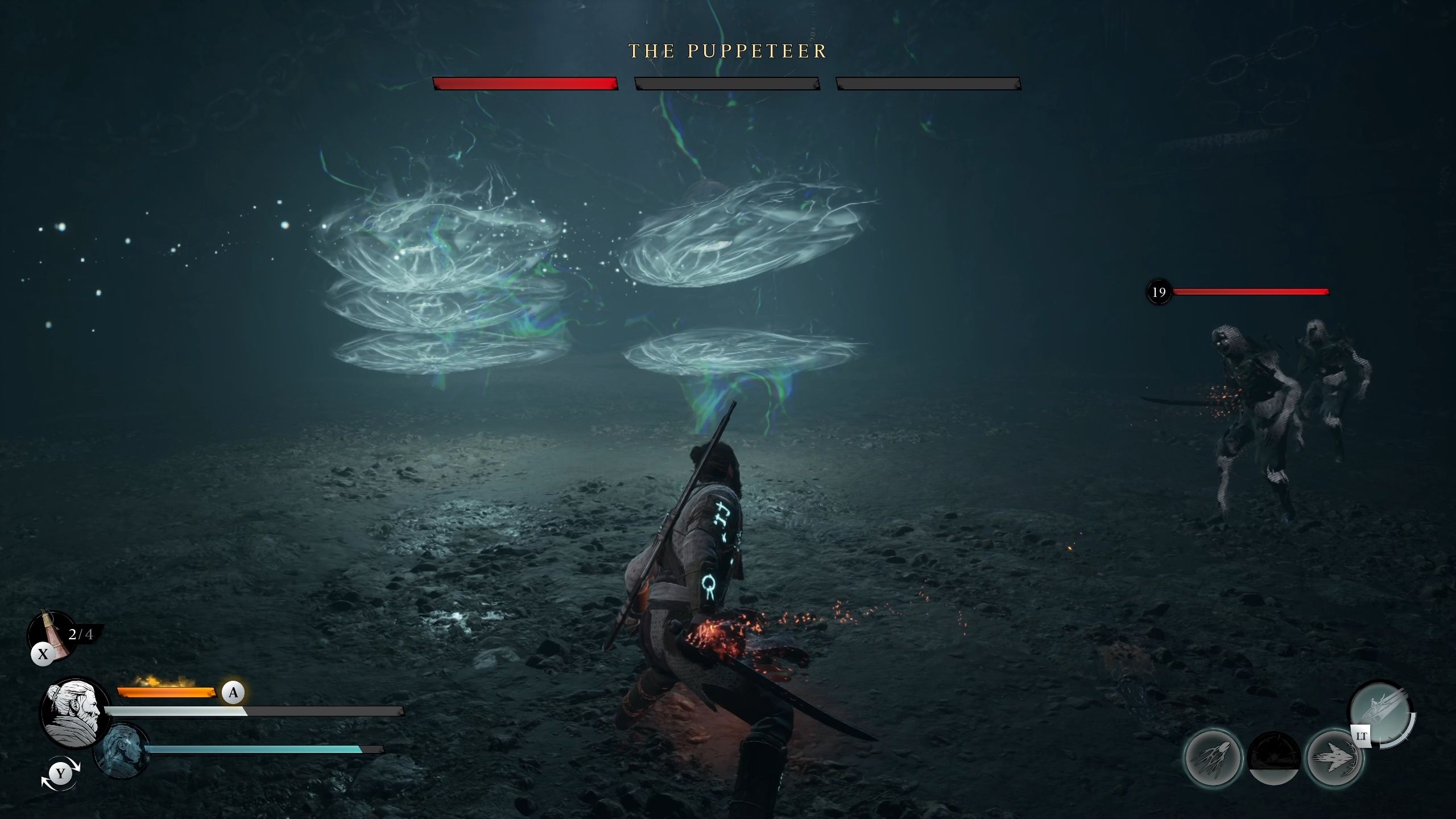 Red is about to dodge waves of magic coming at him - Banishers Ghosts of New Eden