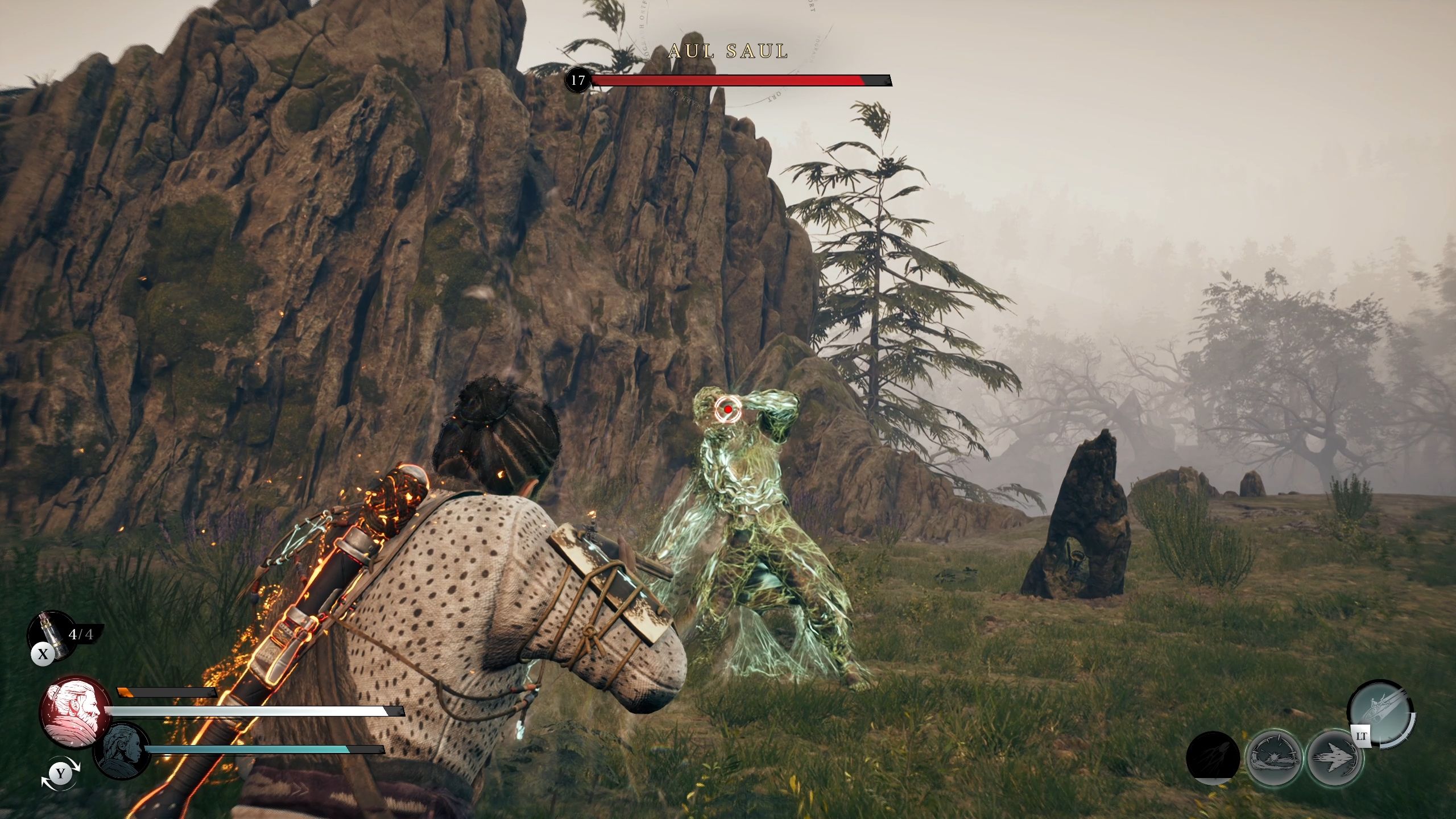 Red is about to shoot Aul Saul while he is ensnared - Banishers Ghosts of New Eden