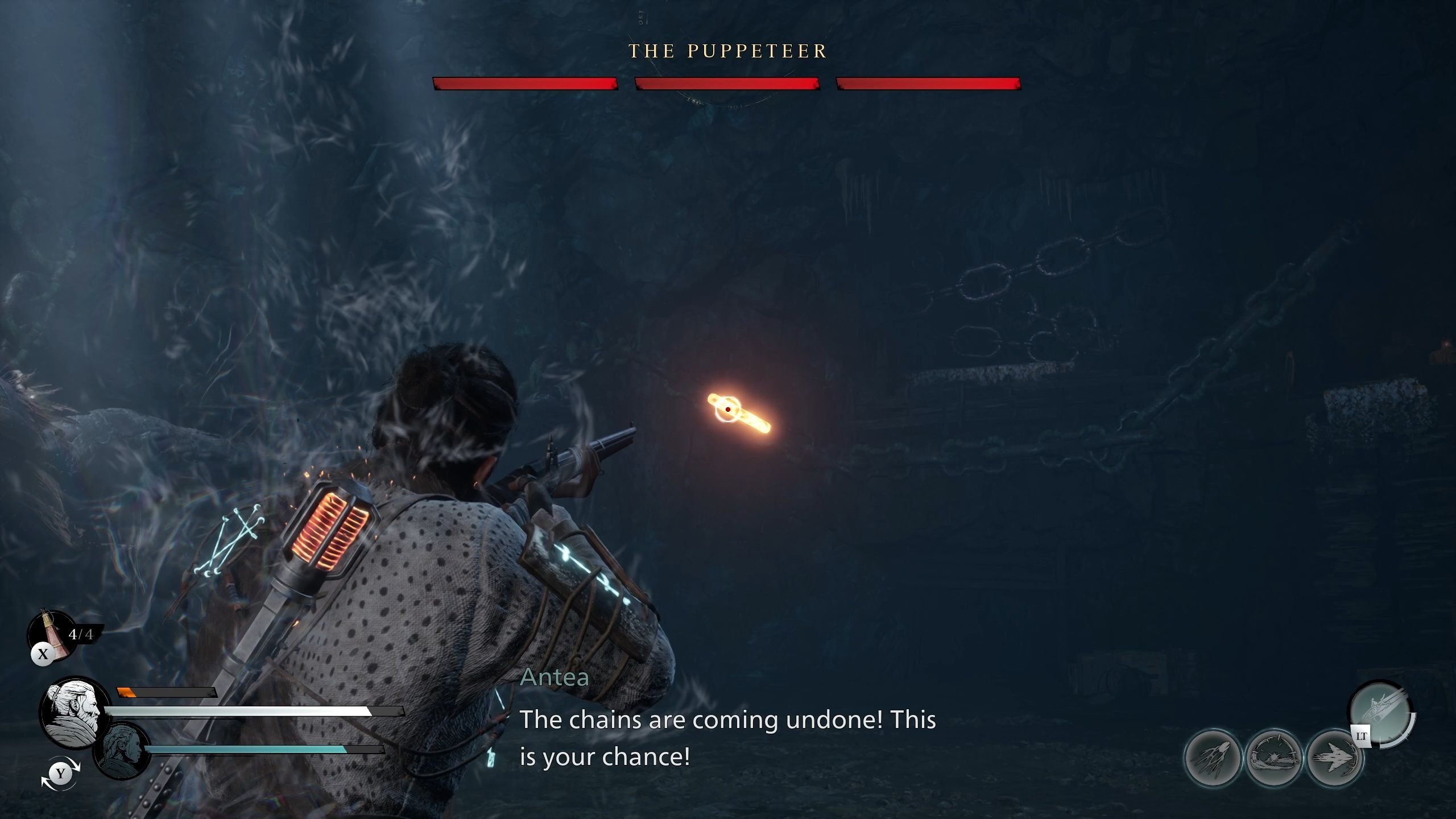 Red is aiming at the orange glowing weakspot on the chain - Banishers Ghosts of New Eden