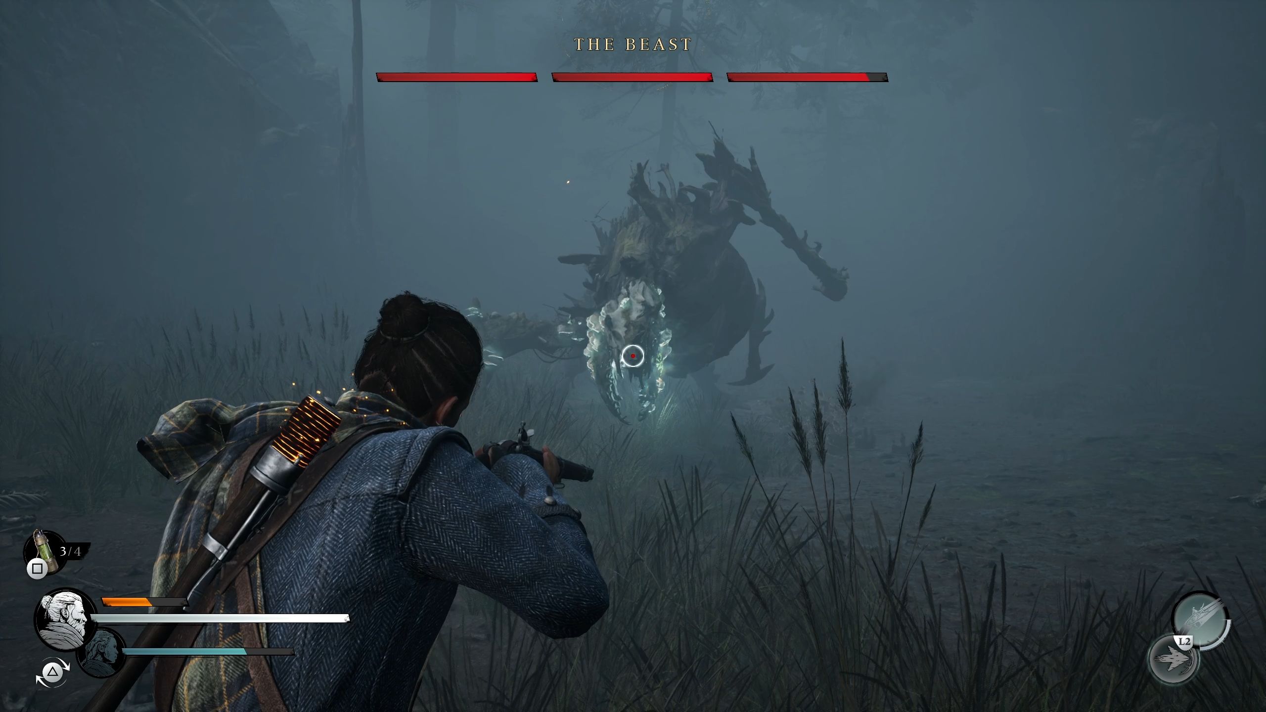 Red is aiming with his rifle to the head of the Beast - Banishers Ghosts of New Eden