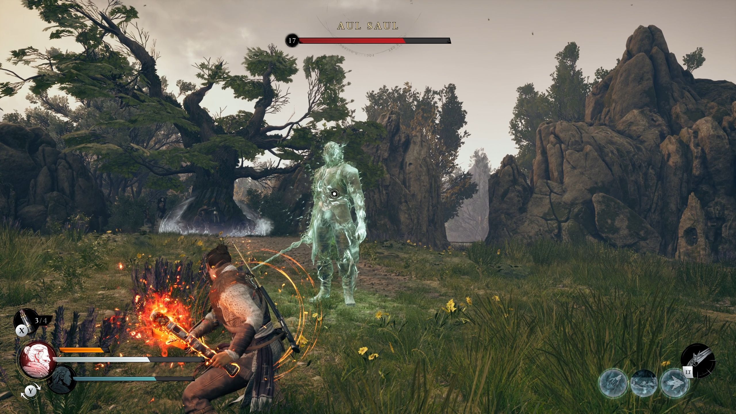 Red is charging his heavy attack while Aul Saul is standing close to him - Banishers Ghosts of new Eden 