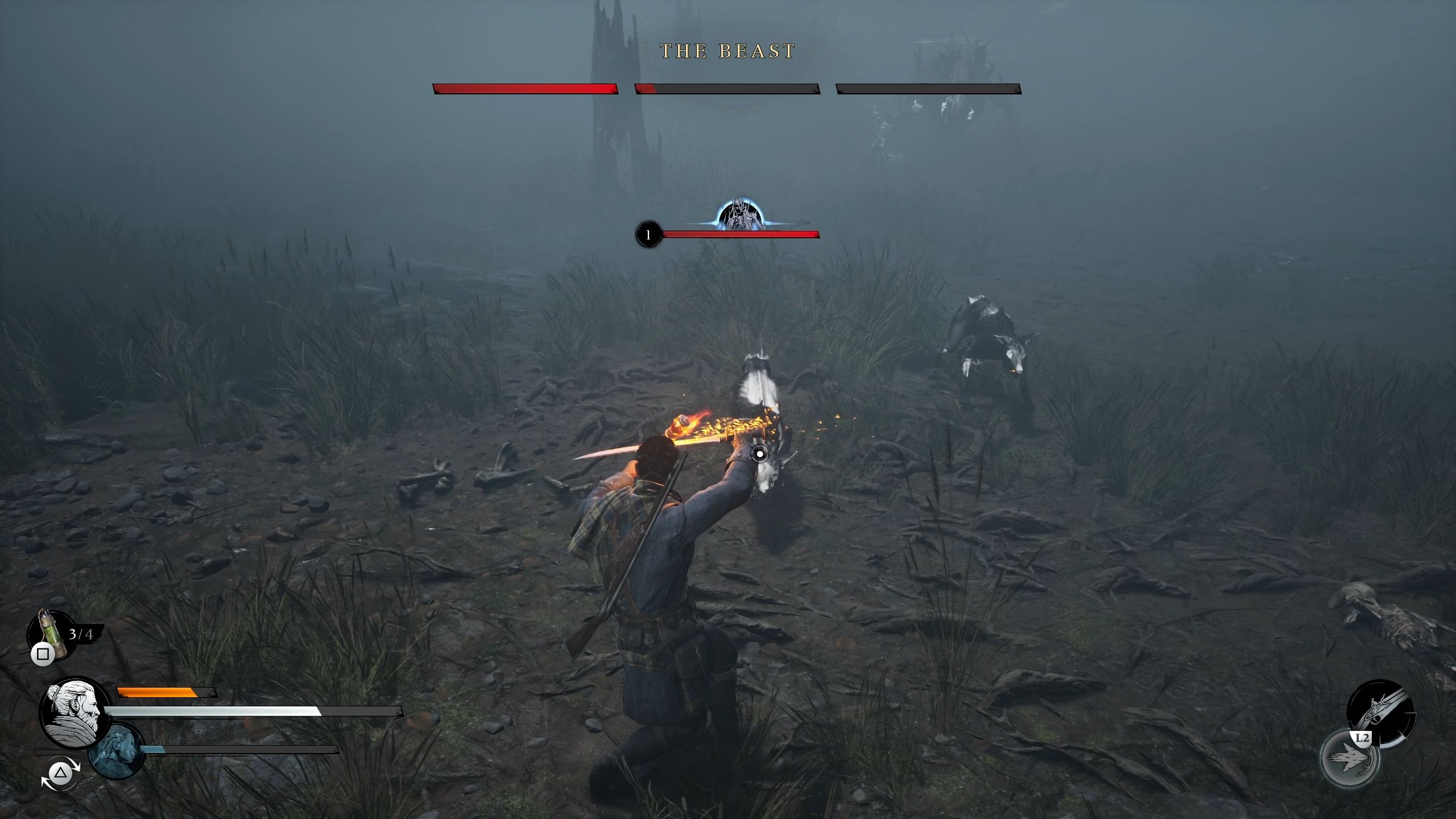 Red is guarding with his weapon while two dogs are trying to attack him - Banishers Ghosts of New Eden