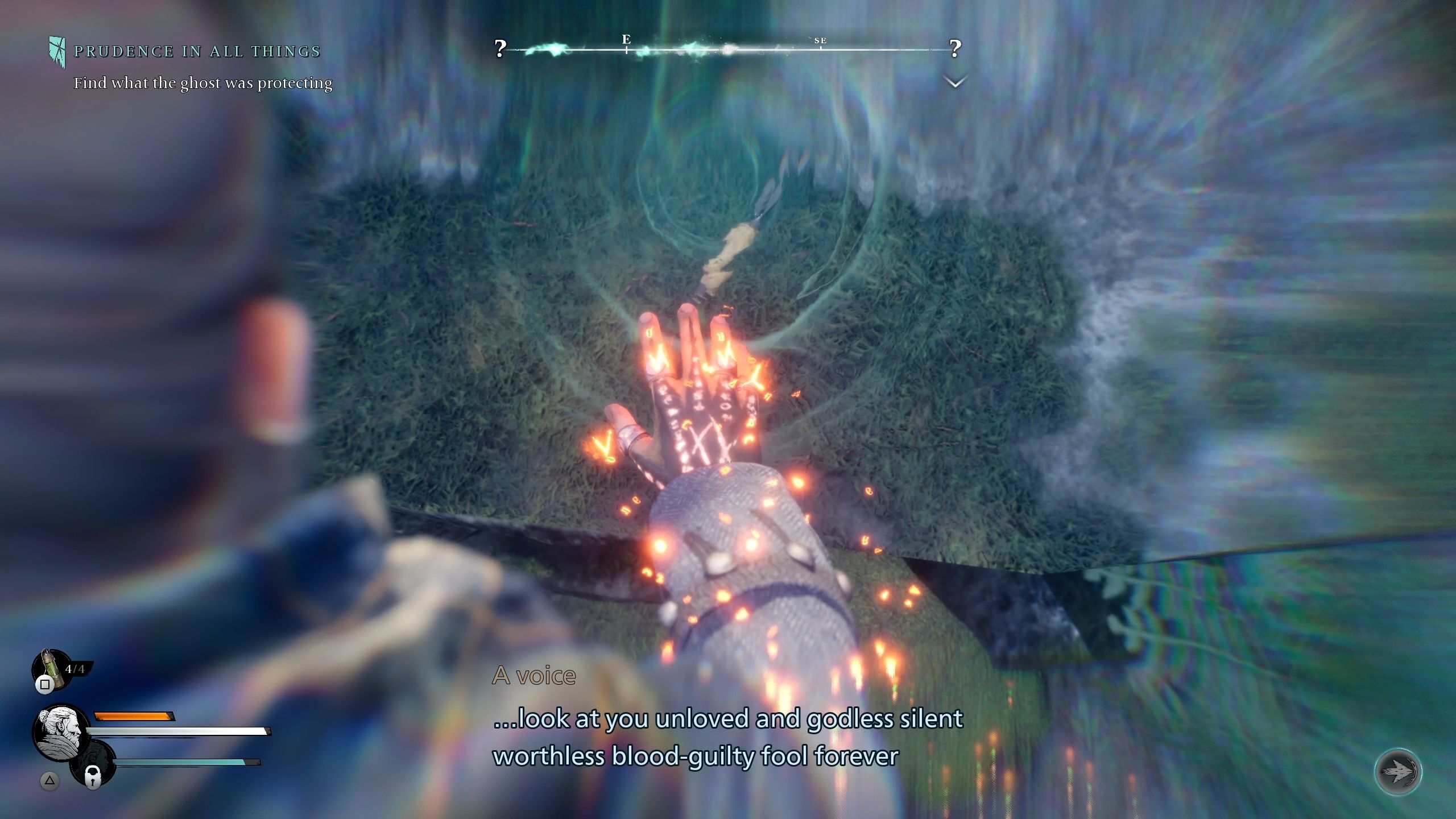 Red is interacing with an item that revealed an echo - Banishers Ghosts of New Eden