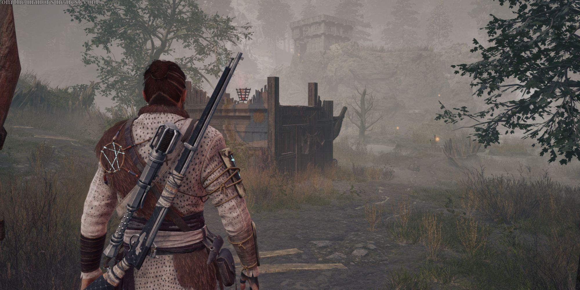 Red is looking at a building that has a torch on the top - Banishers Ghosts of New Eden