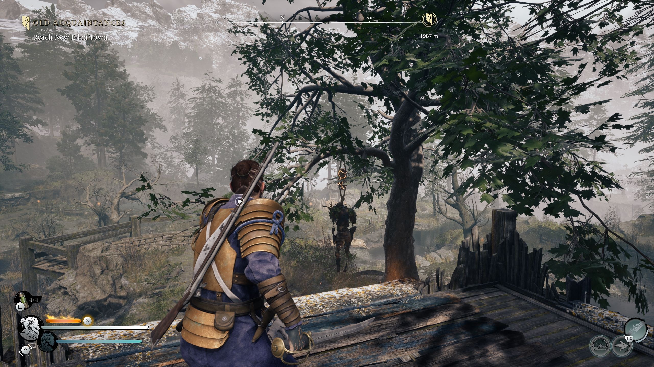 Red is looking at a hanging corpse - Banishers Ghosts of New Eden