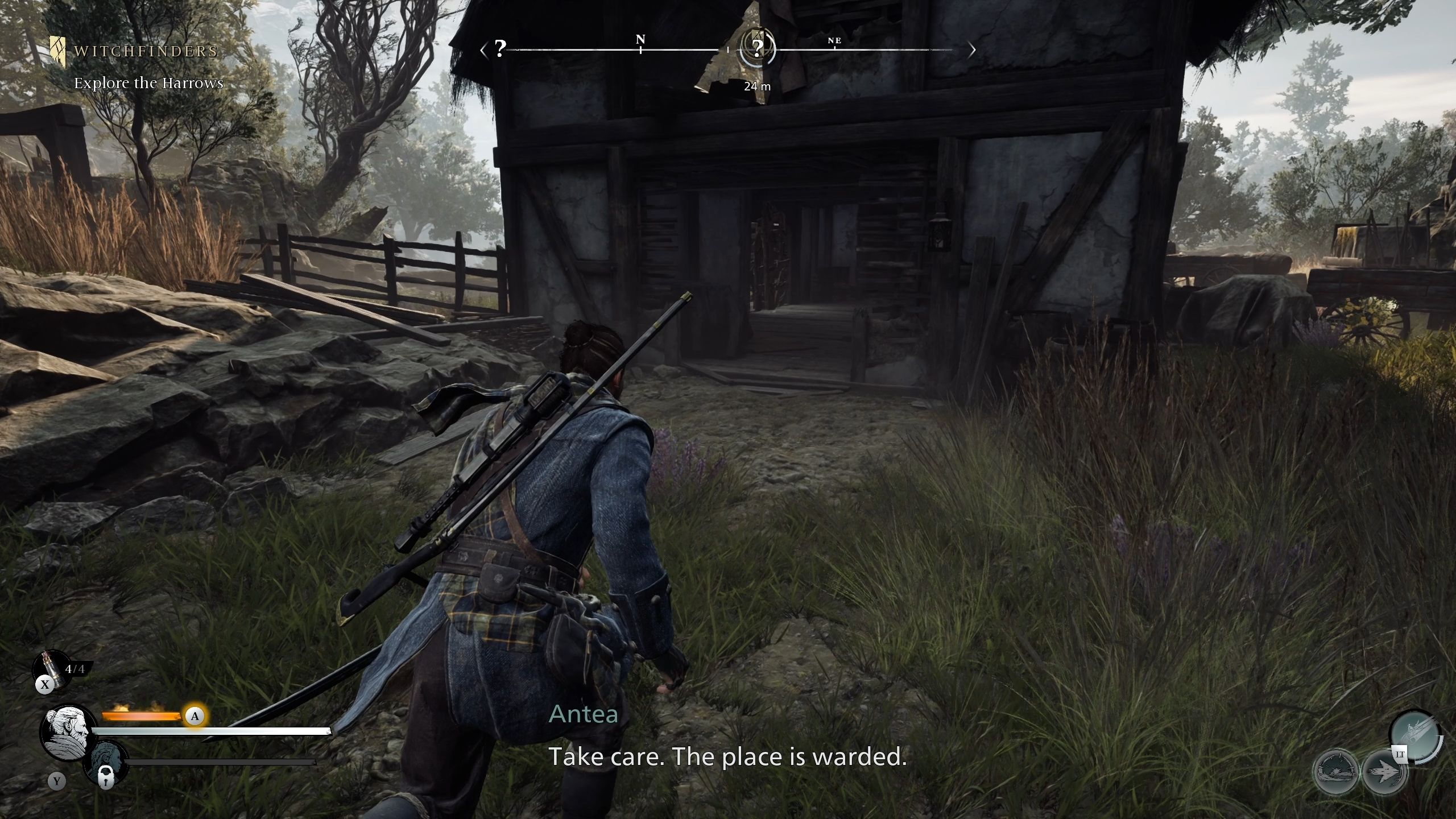 Red is running toward the house that has the Farmer's Case - Banishers Ghosts of New Eden