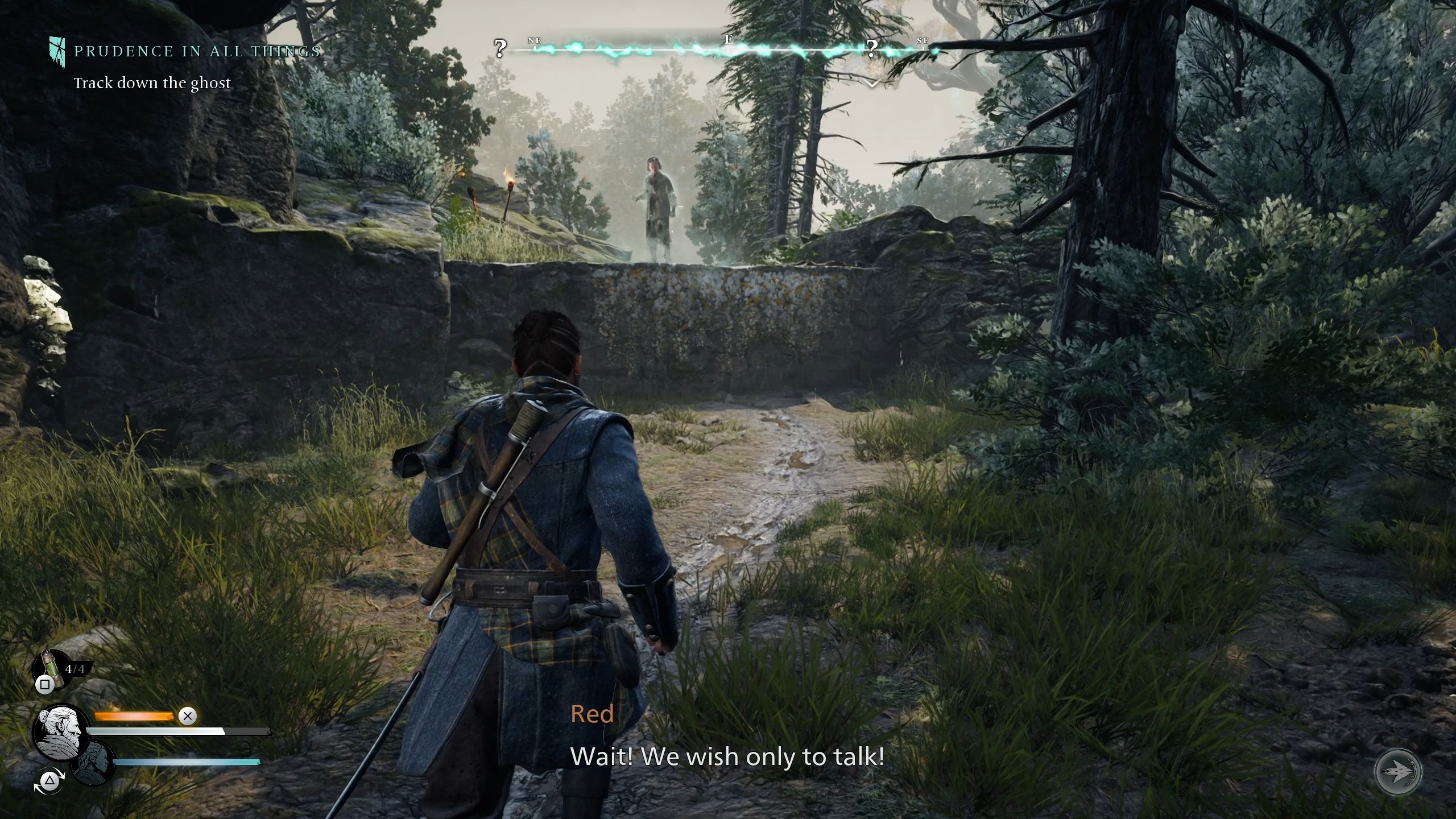 Red is speaking to a ghost - Banishers Ghosts of New Eden