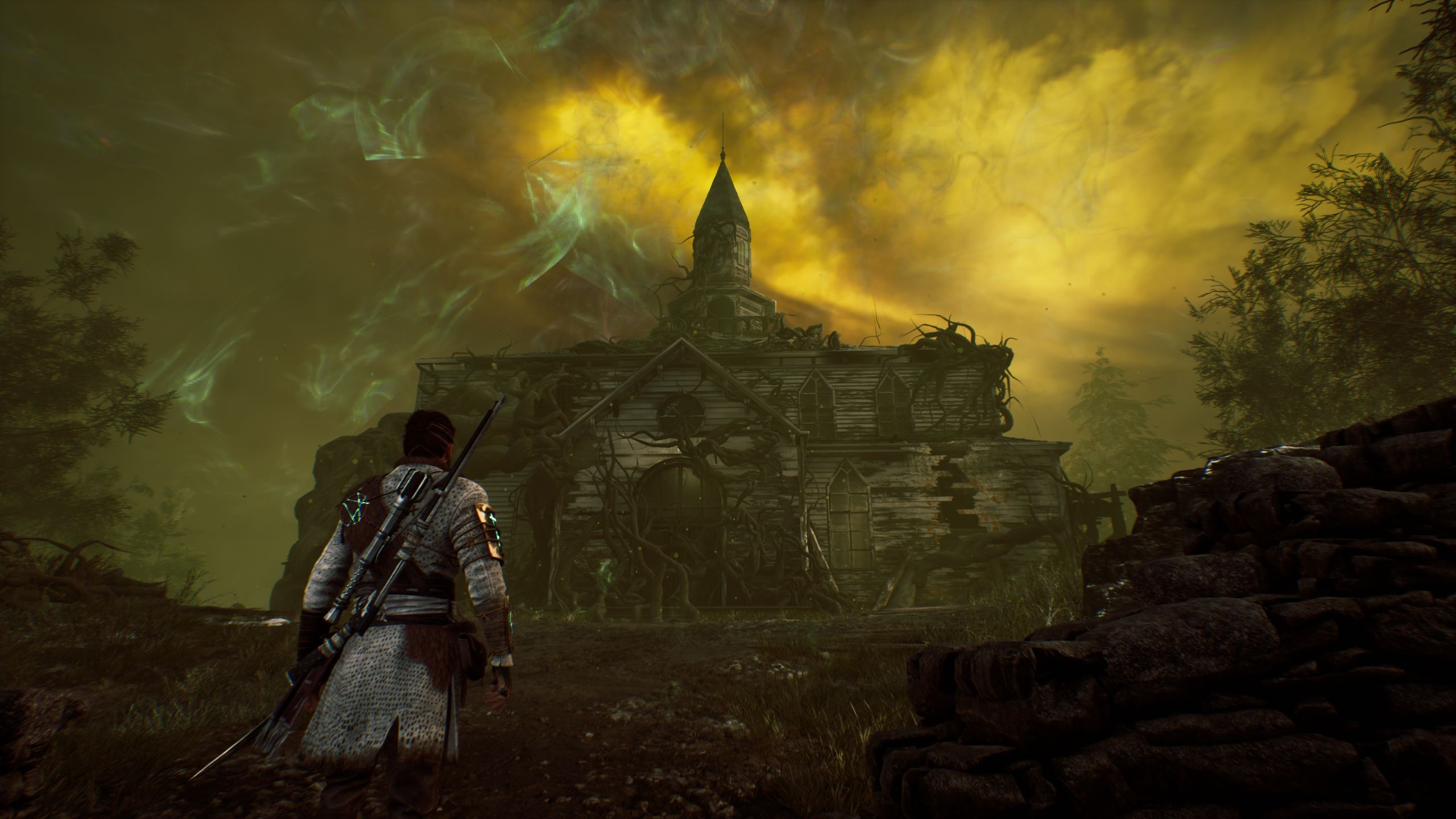 Red is standing in front of the meetinghouse where the Nightmare resides - Banishers Ghosts of New Eden