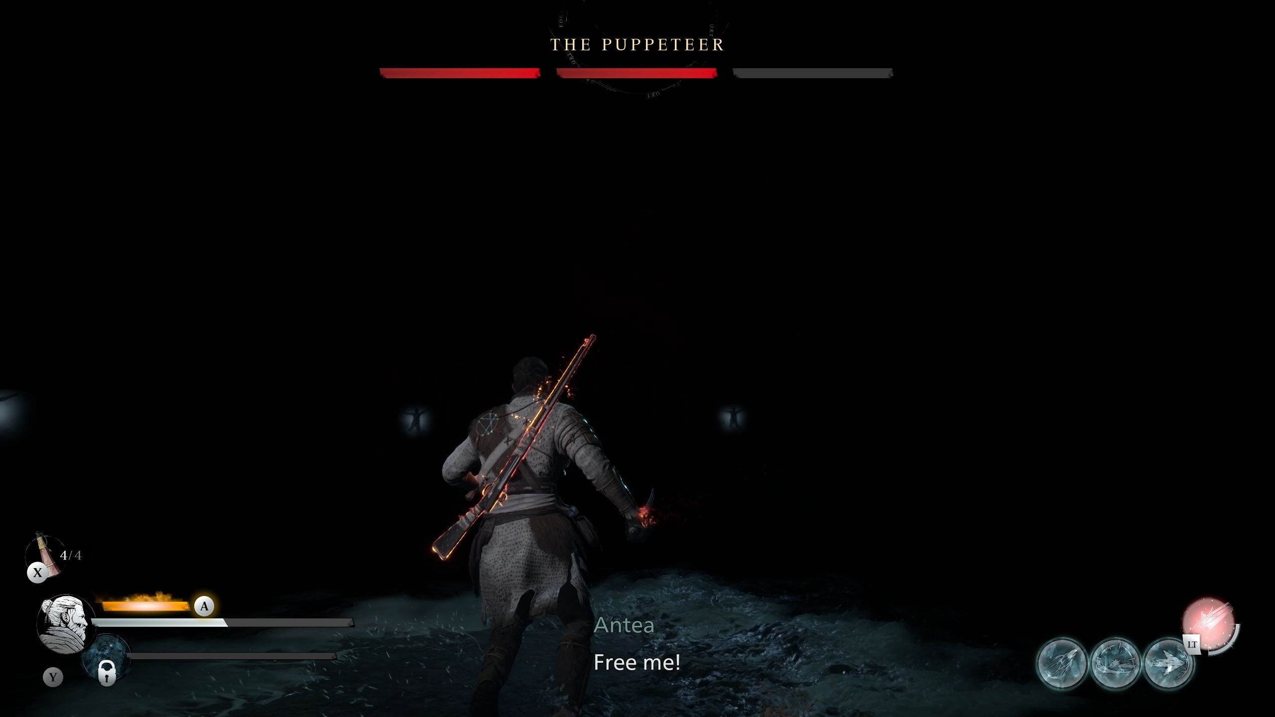 Red is standing in the dark and there are multiple Antea reflections on the wall - Banishers Ghosts of New Eden