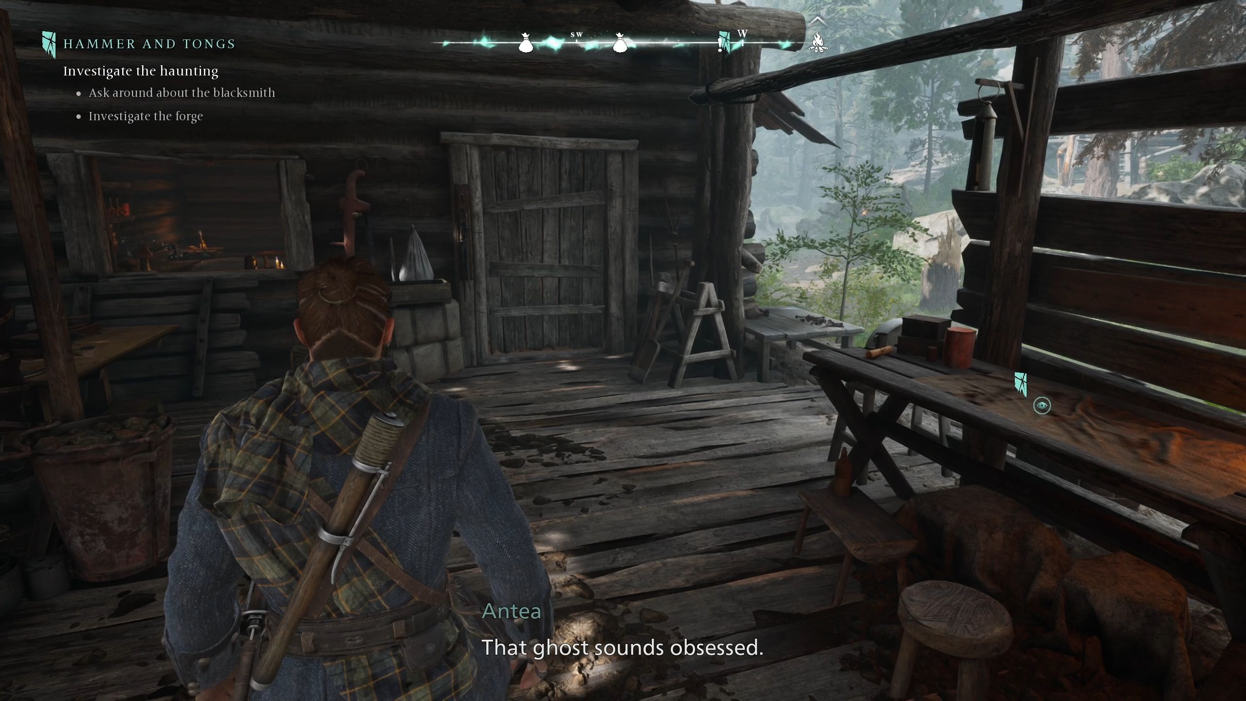 Red is standing inside the forge of the blacksmith - Banishers Ghosts of New Eden