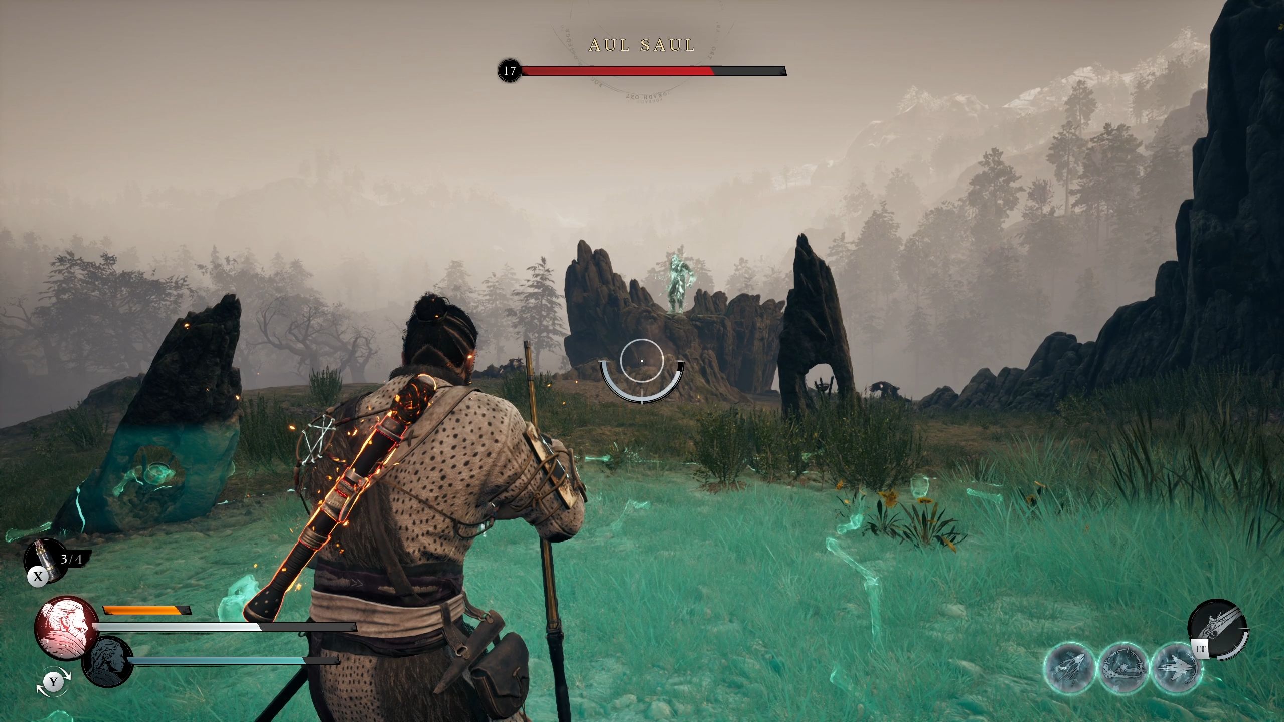 Red is standing inside the magic rune on the ground - Banishers ghosts of New eden