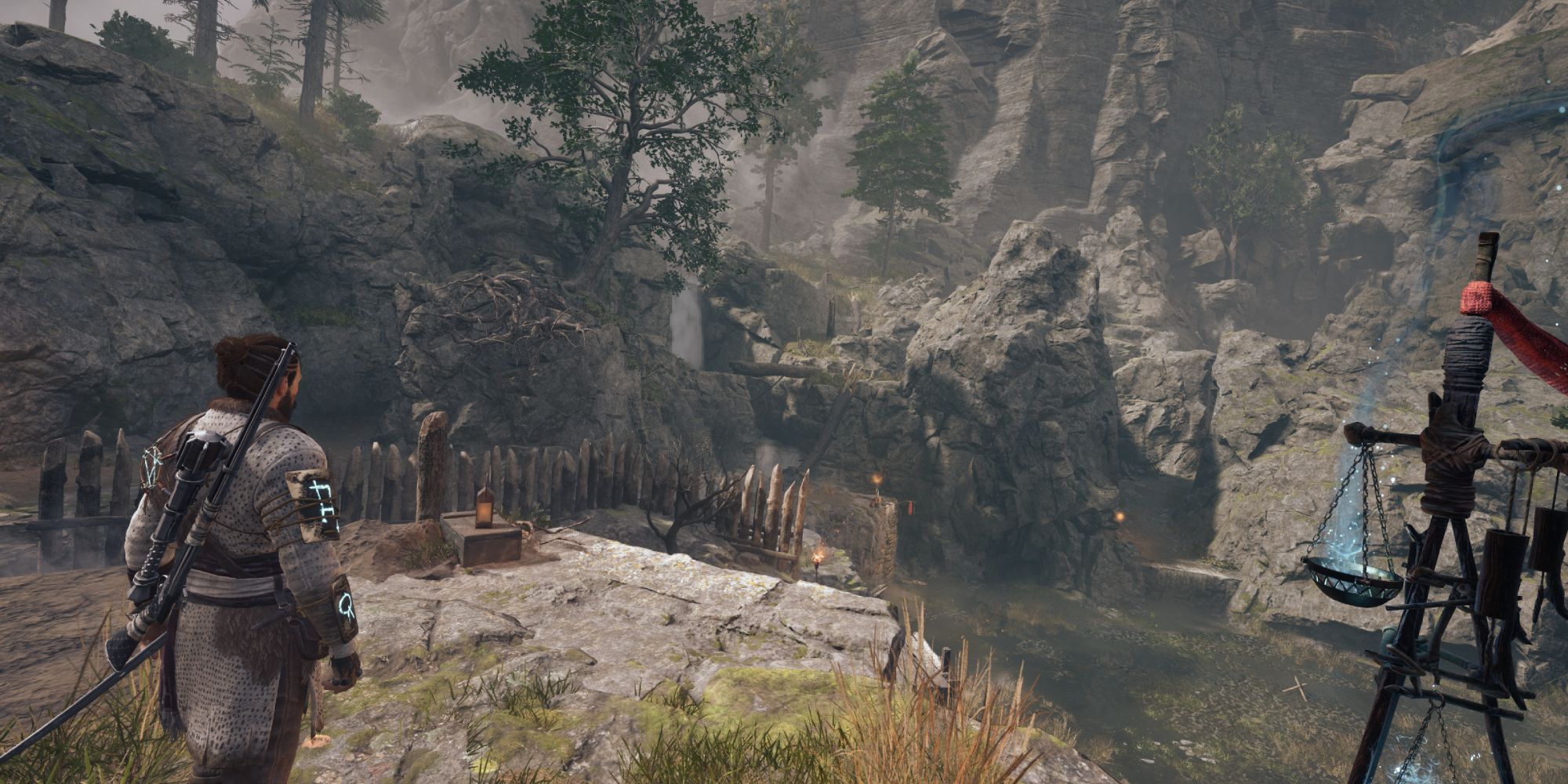 Red is standing just outside the Mossy Watchtower shelter - Banishers Ghosts of New Eden