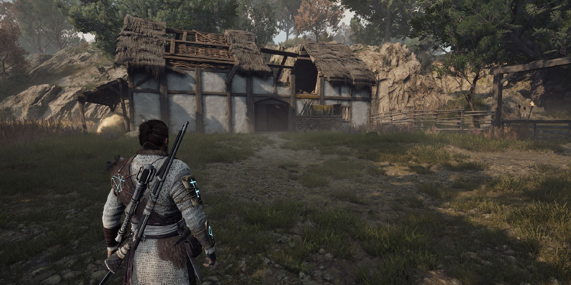 Red is standing near the house that has the Farmer's Case - Banishers Ghosts of New Eden