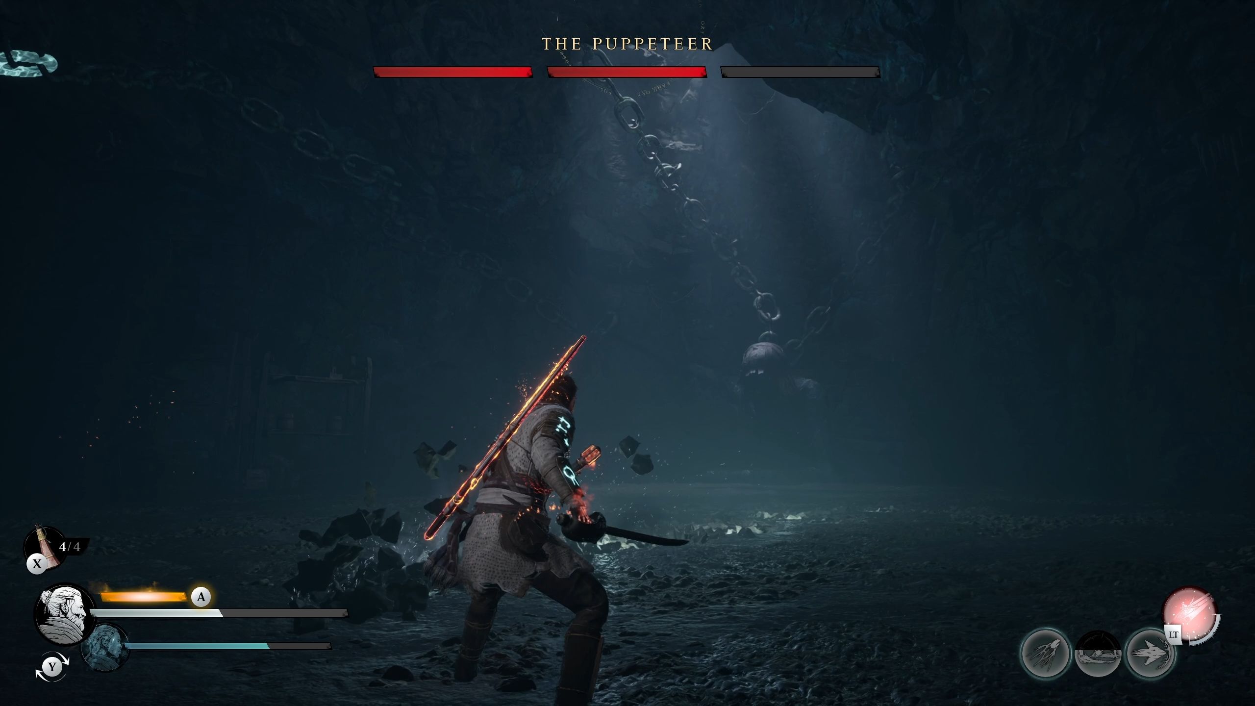 Red just dodged a ranged attack from the Puppeteer - Banishers Ghosts of New Eden