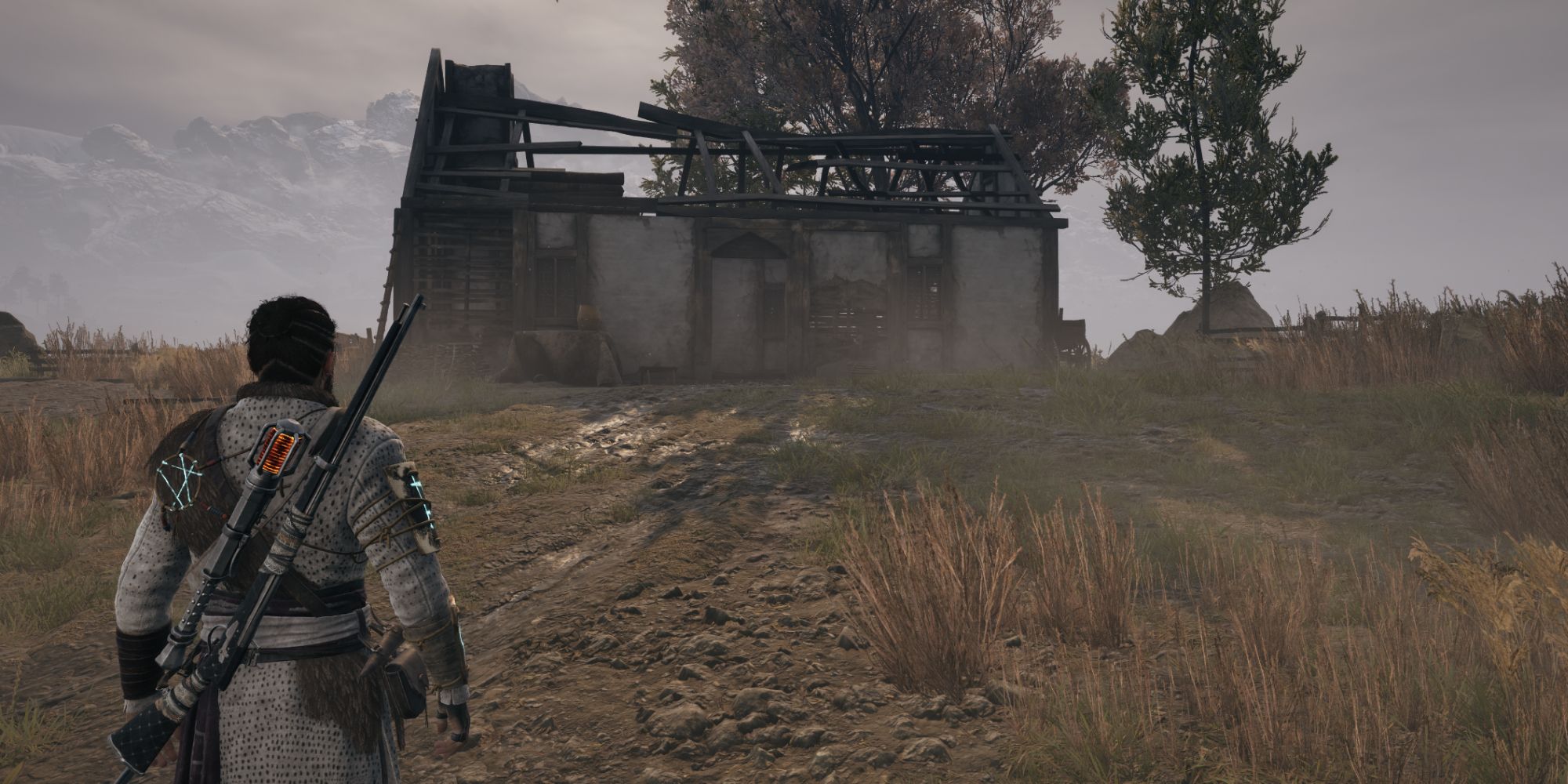 Red standing in front of the abandoned house that has the Gibb's Reserves locked chest - Banishers Ghosts of New Eden