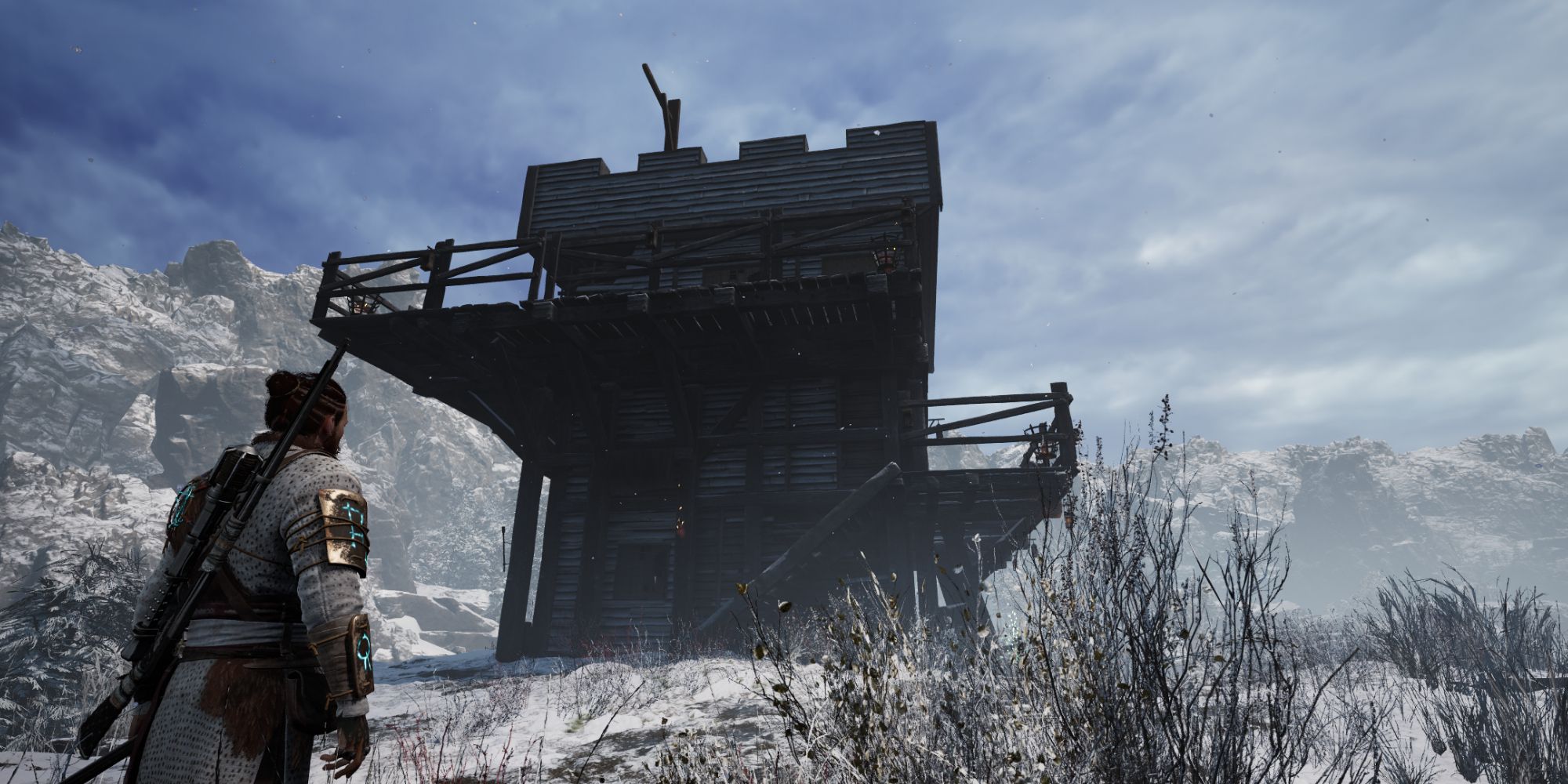 Red standing in front of the tower that has the Hunter's Storage Box chest - Banishers Ghosts of New Eden