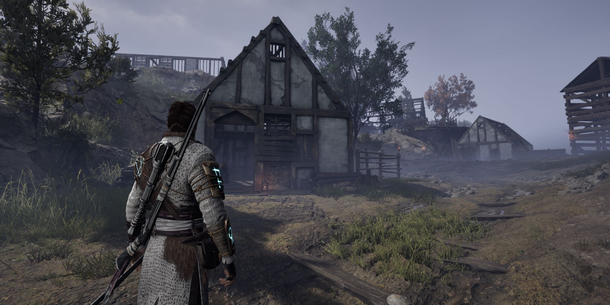 Red standing in front of the unfinished house that has the Deceased's Personal Belongings locked chest - Banishers Ghosts of New Eden
