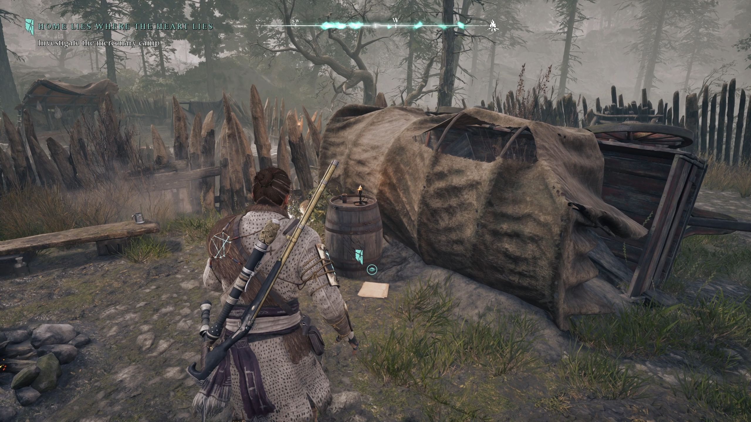 Red standing next to a broken carriage and a paper on the ground - Banishers Ghosts of New Eden