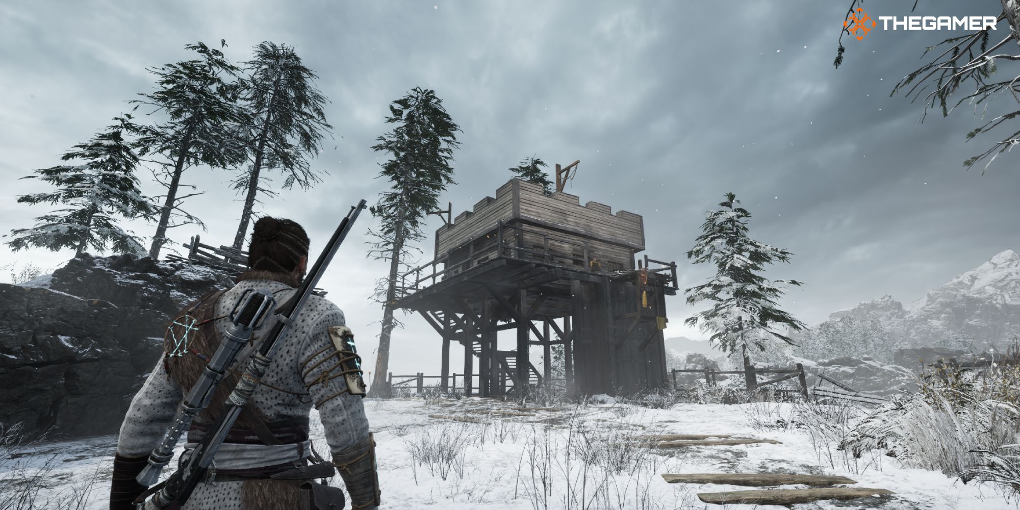 Red standing next to the watchtower that has the Traveller's Strongbox chest - Banishers Ghosts of New Eden