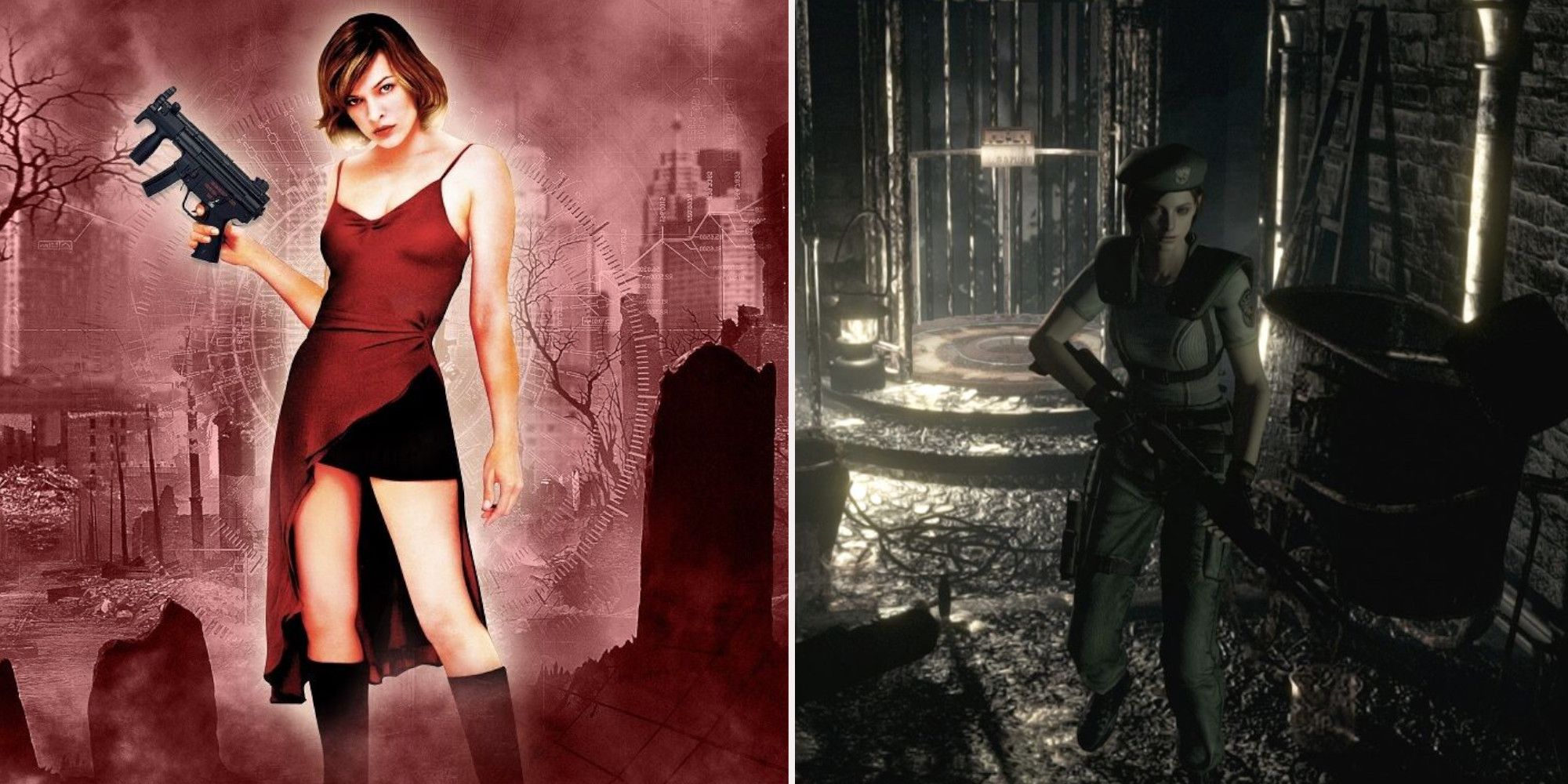 Alice from Resident Evil standing in graveyard split with Jill Valentine carrying shotgun