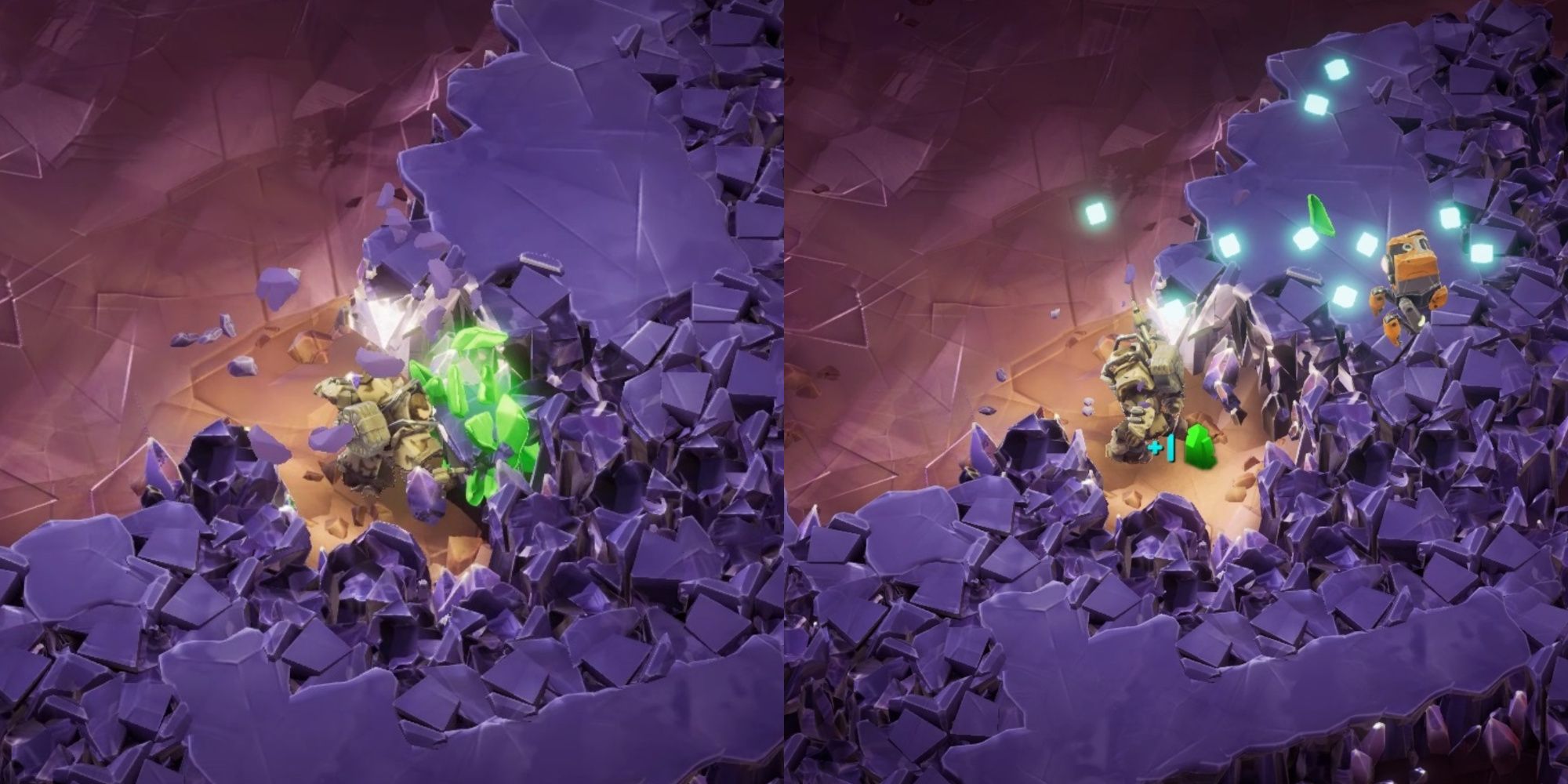The Gunner mines a green resource deposit (left), the resource deposit gives up the goos (right)