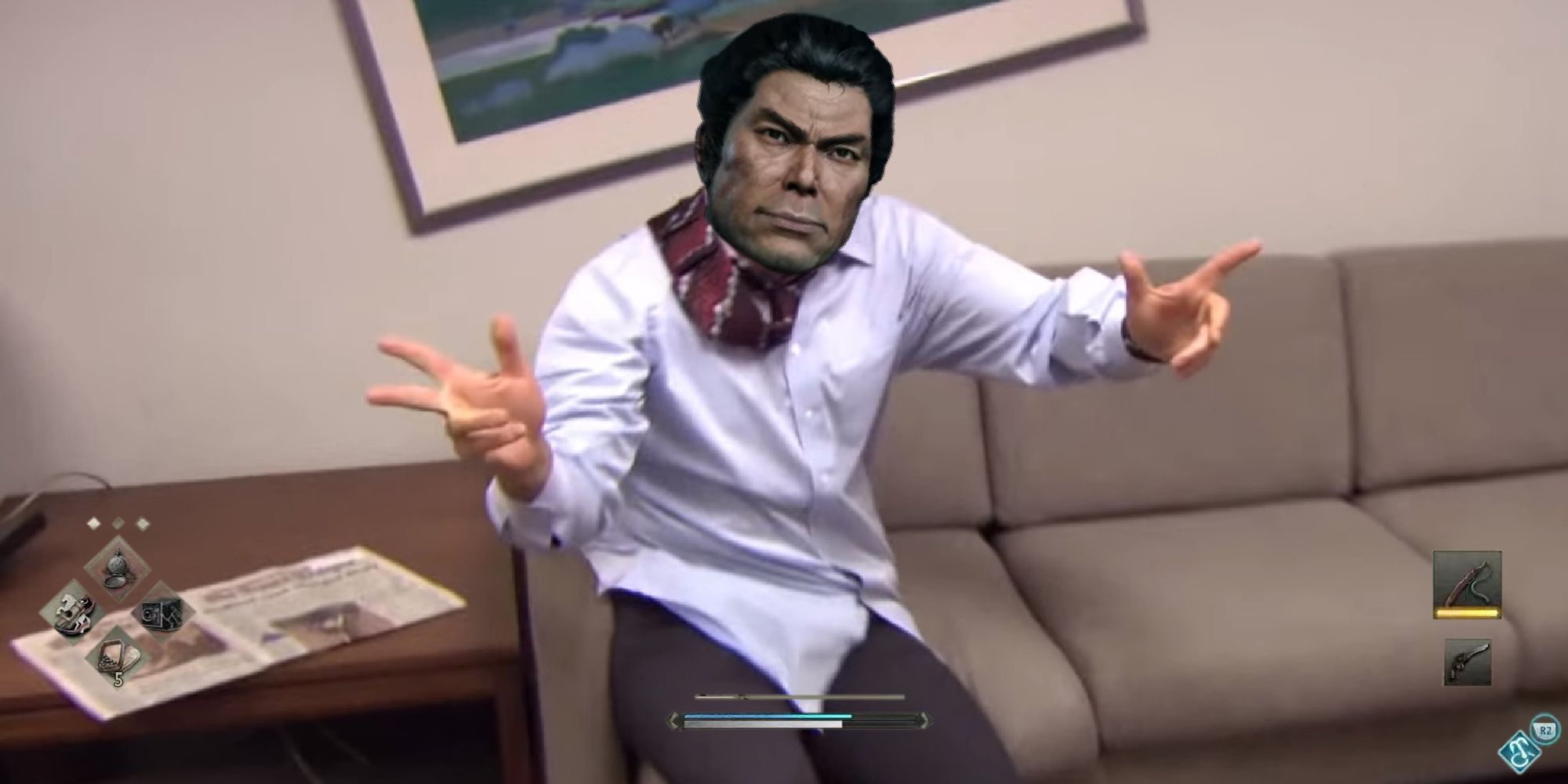 Michael Scott parkour meme from The Office but with the ronin's head